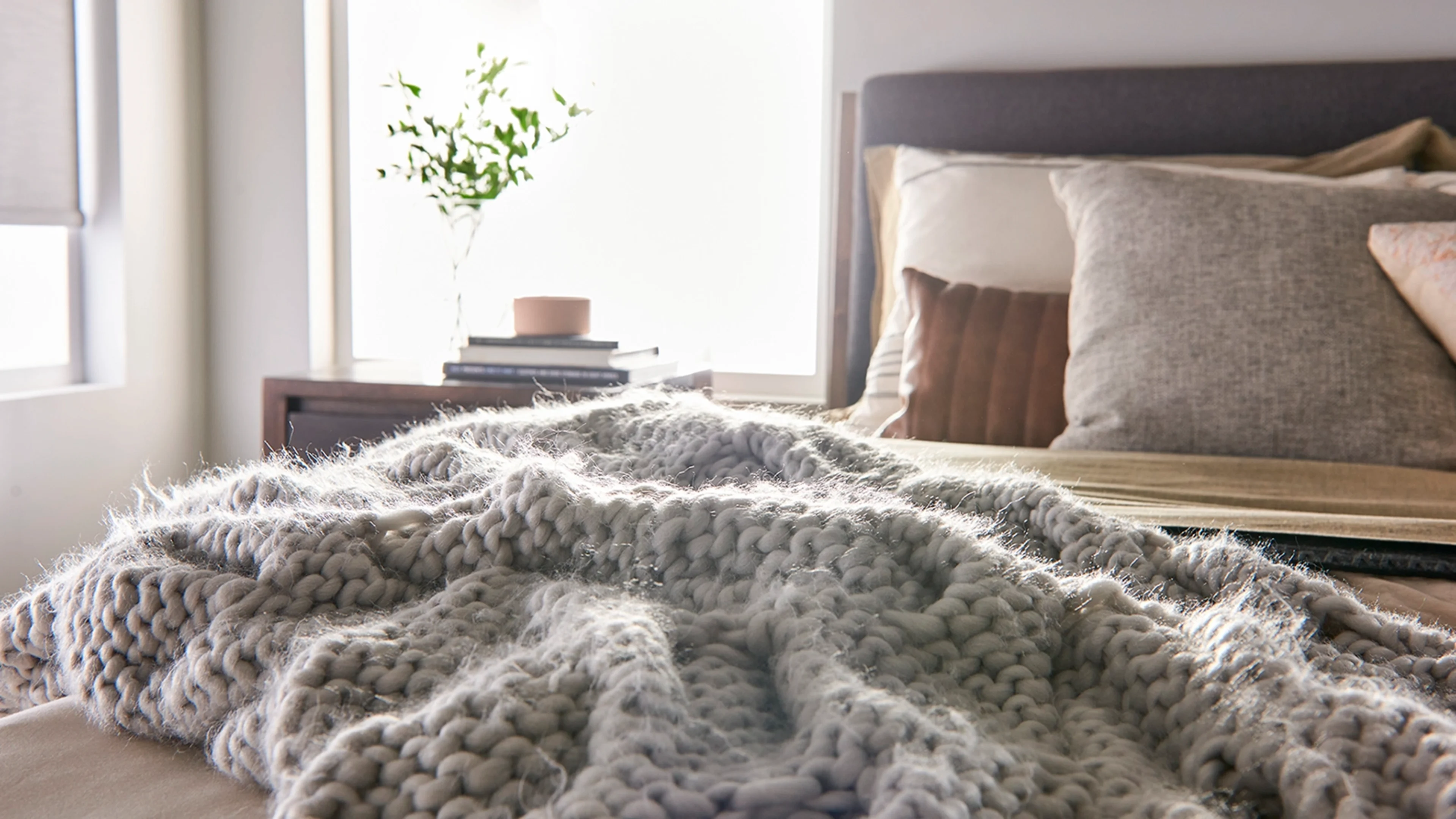 Bright cozy bedroom with roller shades in the windows.