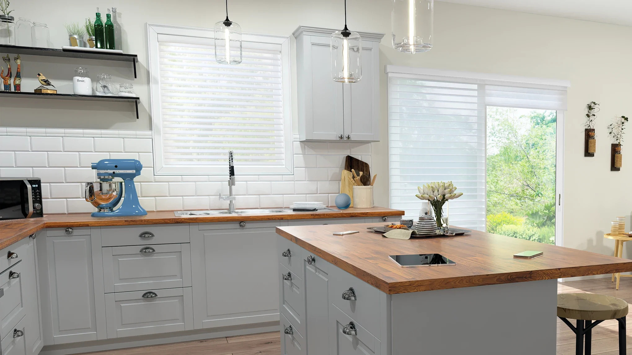 A kitchen showcasing automated Sheer Shadings on the window and sliding door.
