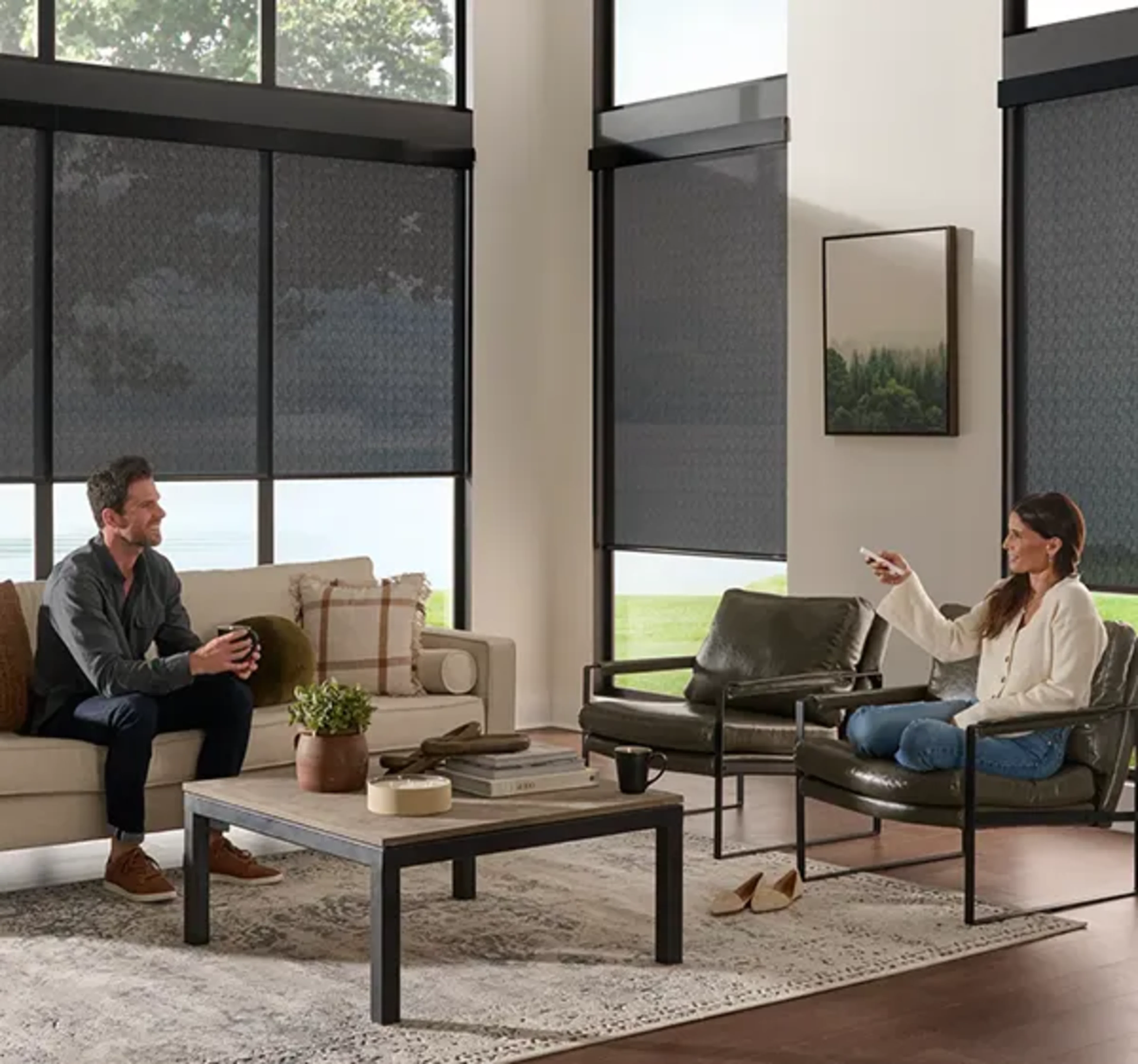 black solar roller shades in modern living room