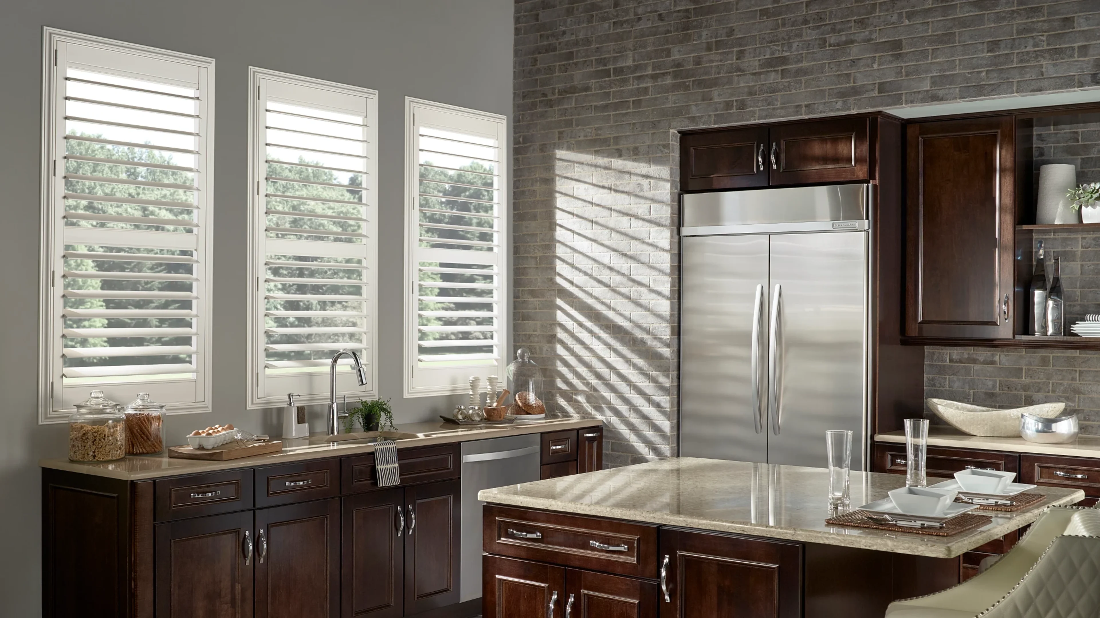 Standard hinge polyresin window shutters in kitchen, with rear tilt ...