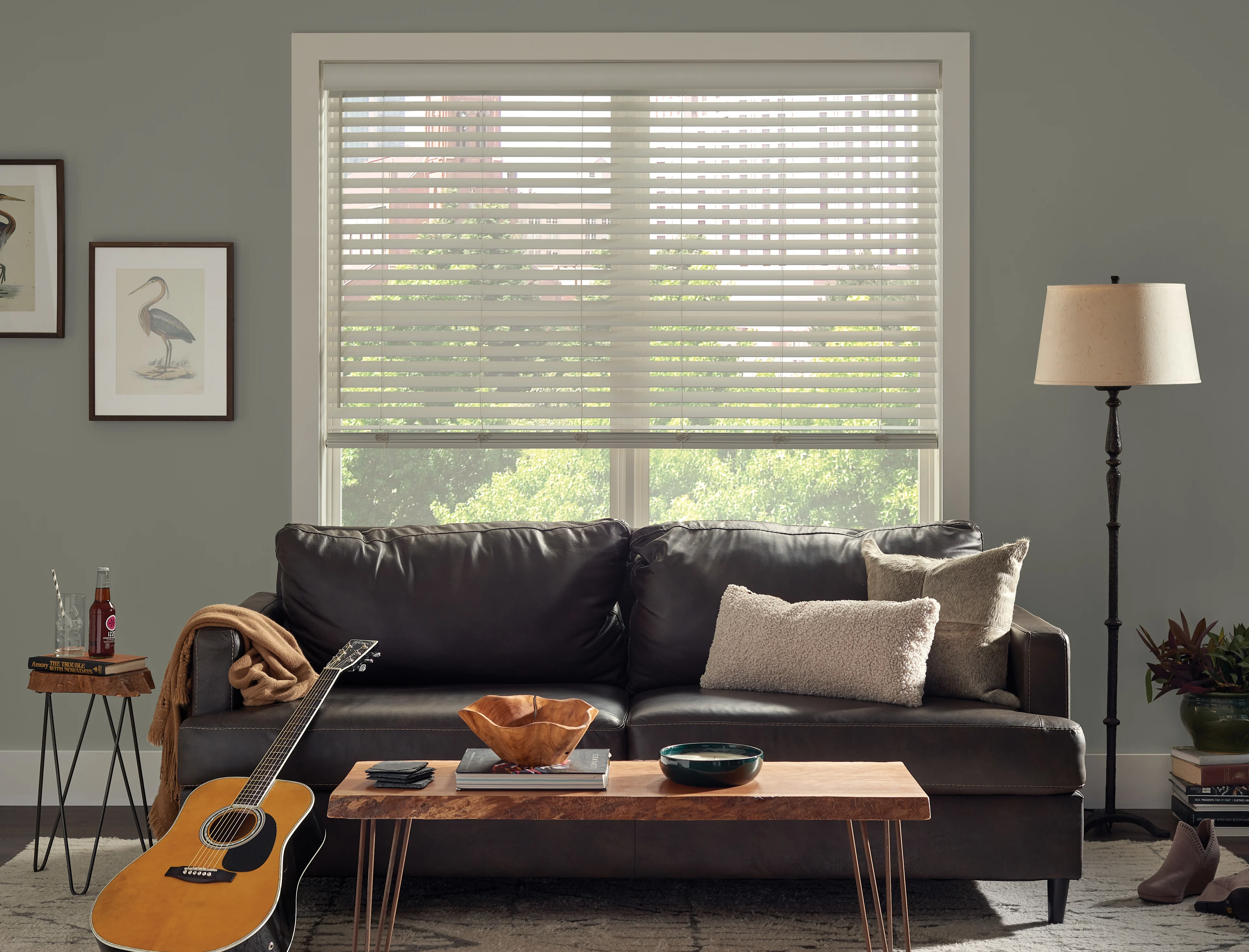Faux wood blinds in a home music room.