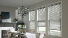 cordless wood blinds in modern dining room.