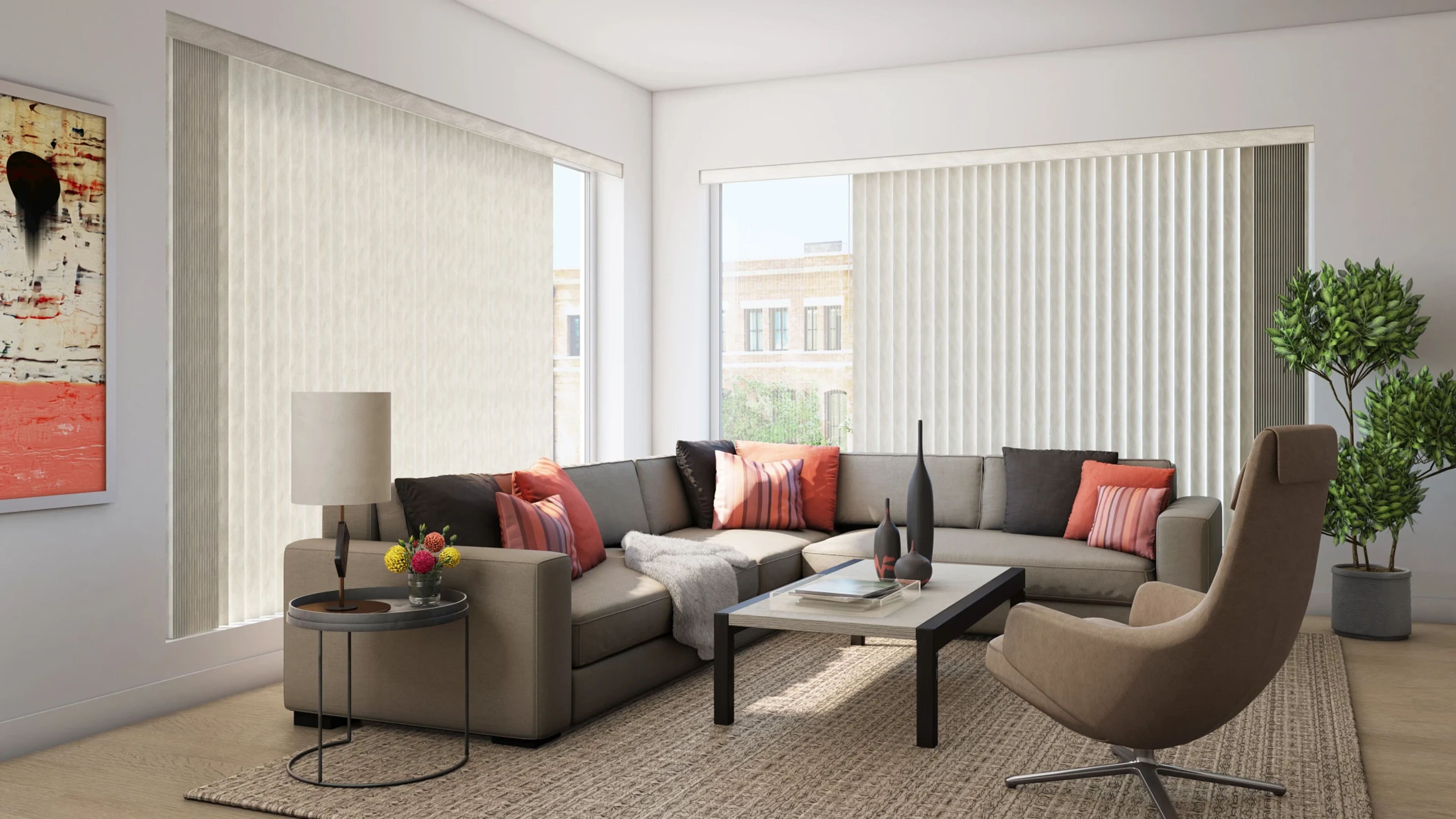 Living room with large windows featuring ivory vertical blinds.