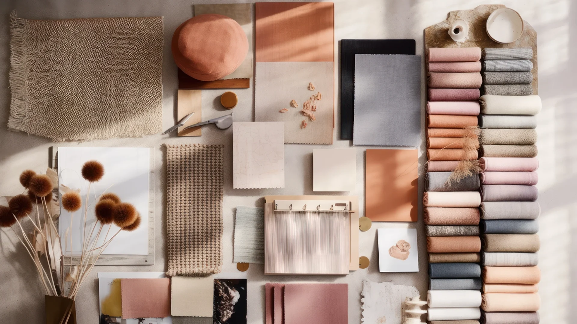 Various warm colored fabrics and materials featured in mood board layout.