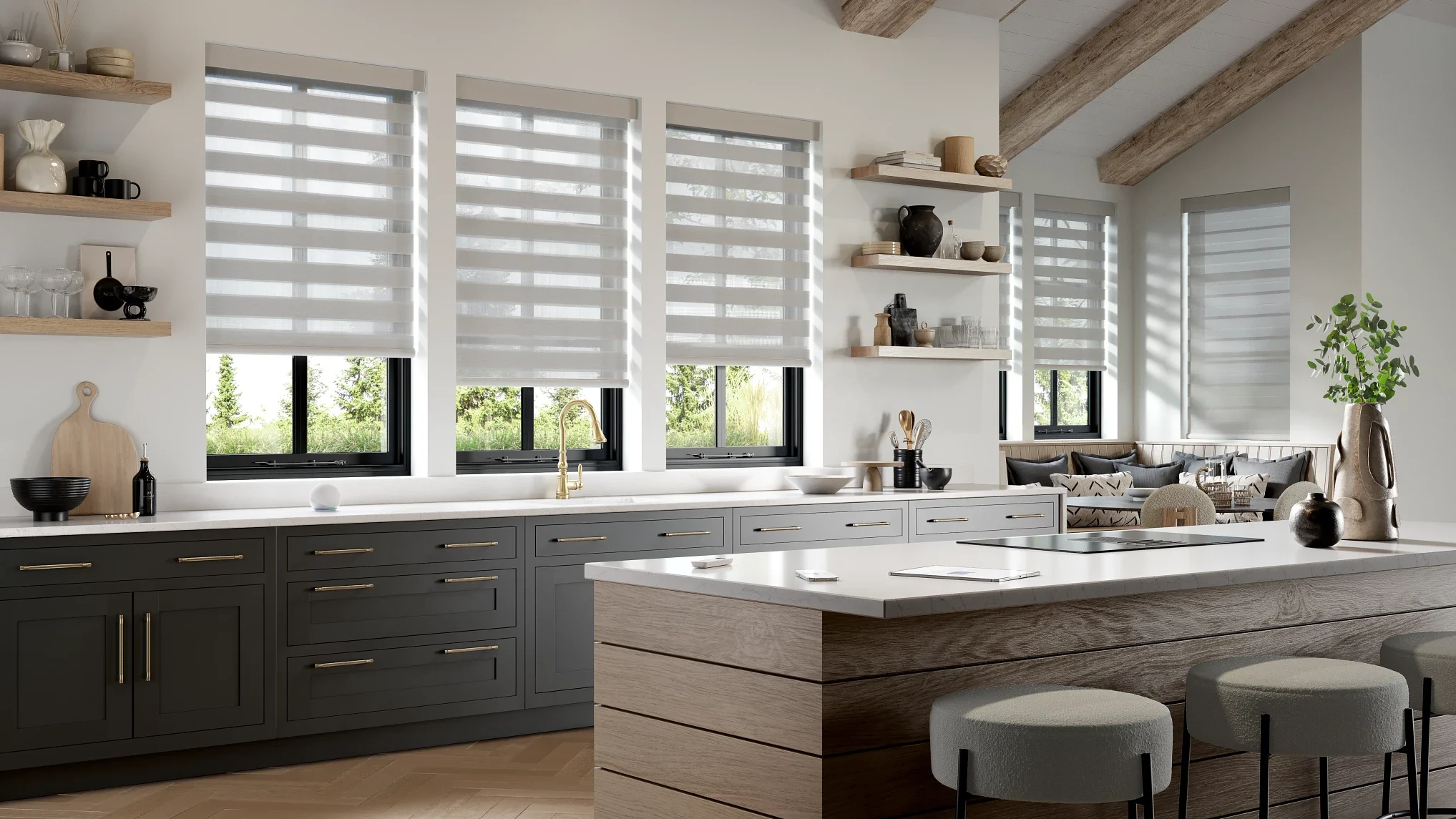 Light banded shades window coverings in kitchen and dinning room.