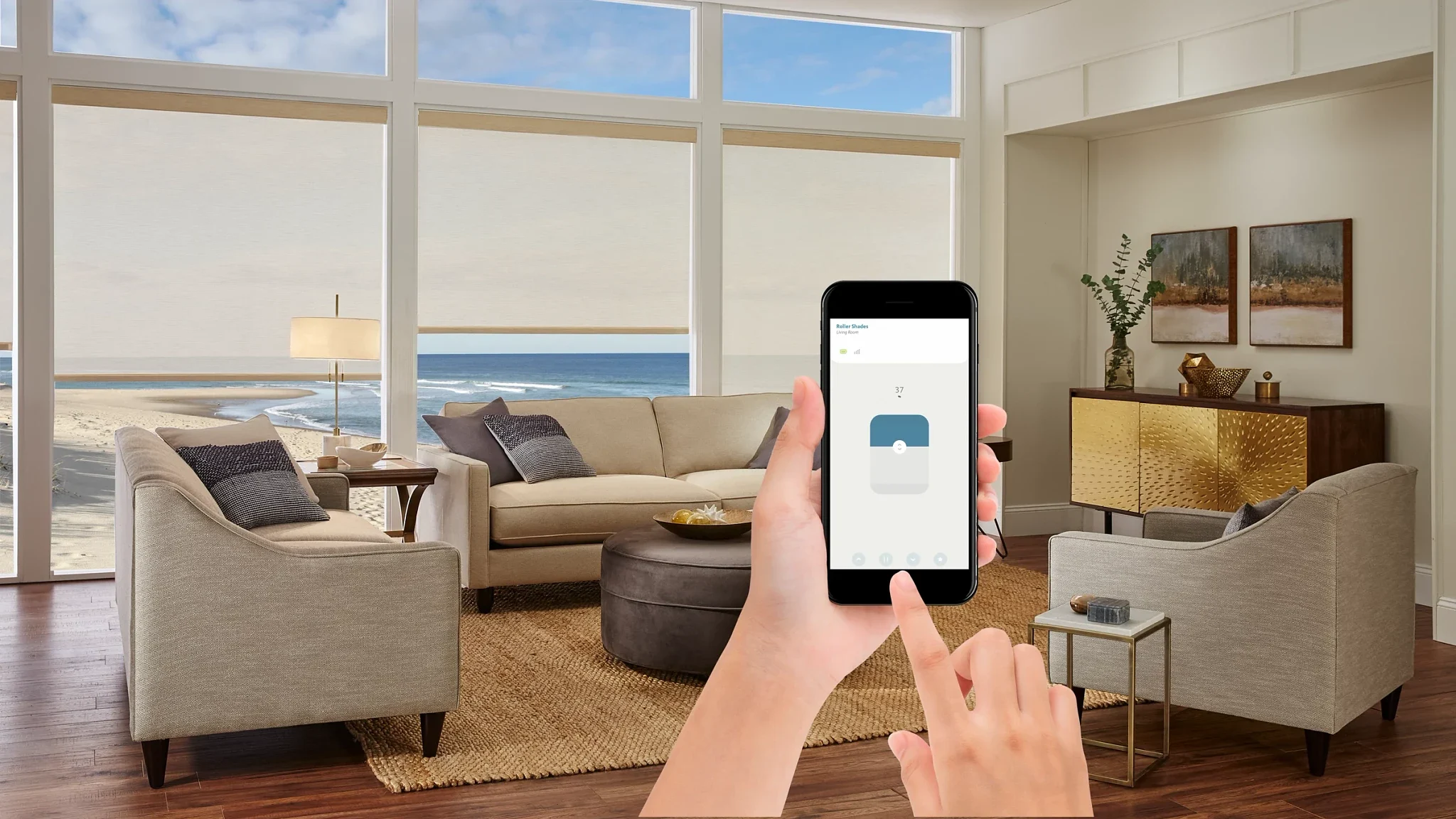 Hand controlling Roller Shades, in a living room, with the BLISS Automation App,