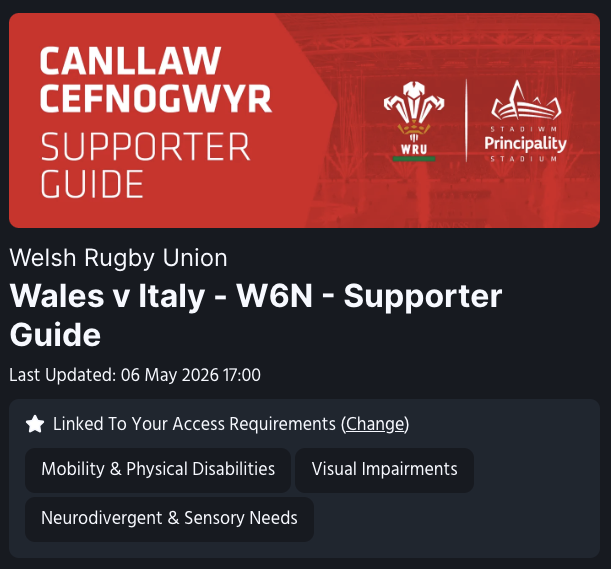 A screenshot of a fan guide showing a section as "Linked To Your Access Requirements" with the options "Mobility & Physical Disabilities", "Visual Impairments" and "Neurodivergent & Sensory Needs" Selected.