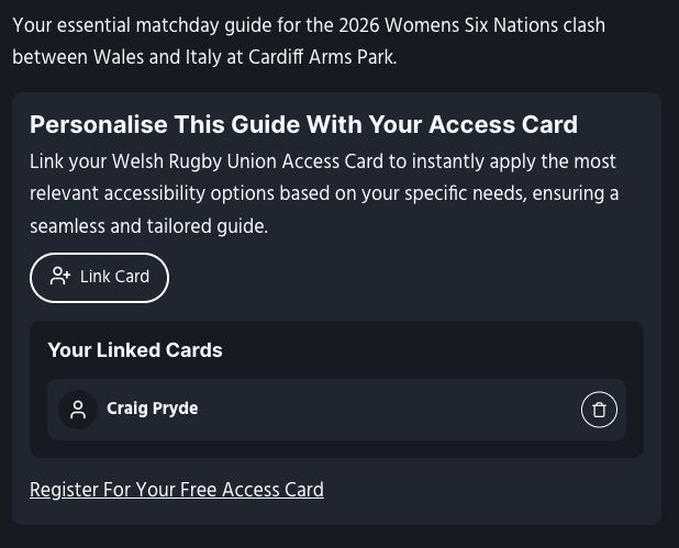 Screenshot of a fan guide showing a section to link your access card to receive a personalised guide.