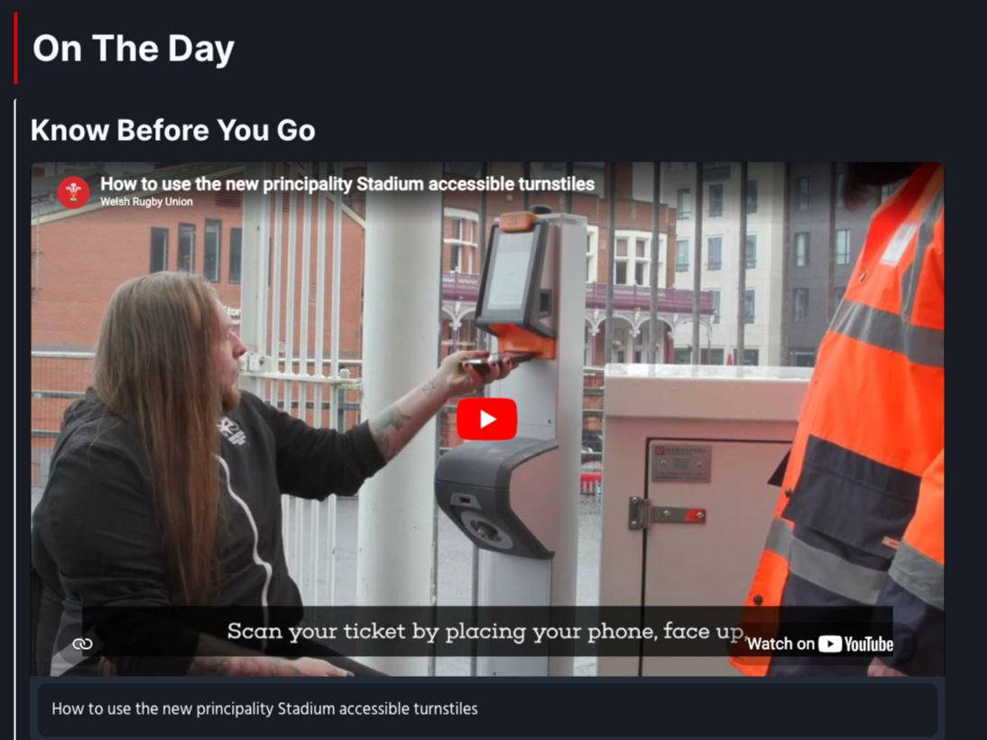 Screenshot of an interactive guide showing 2 videos explaining how to use the automatic turnstiles at Principality Stadium