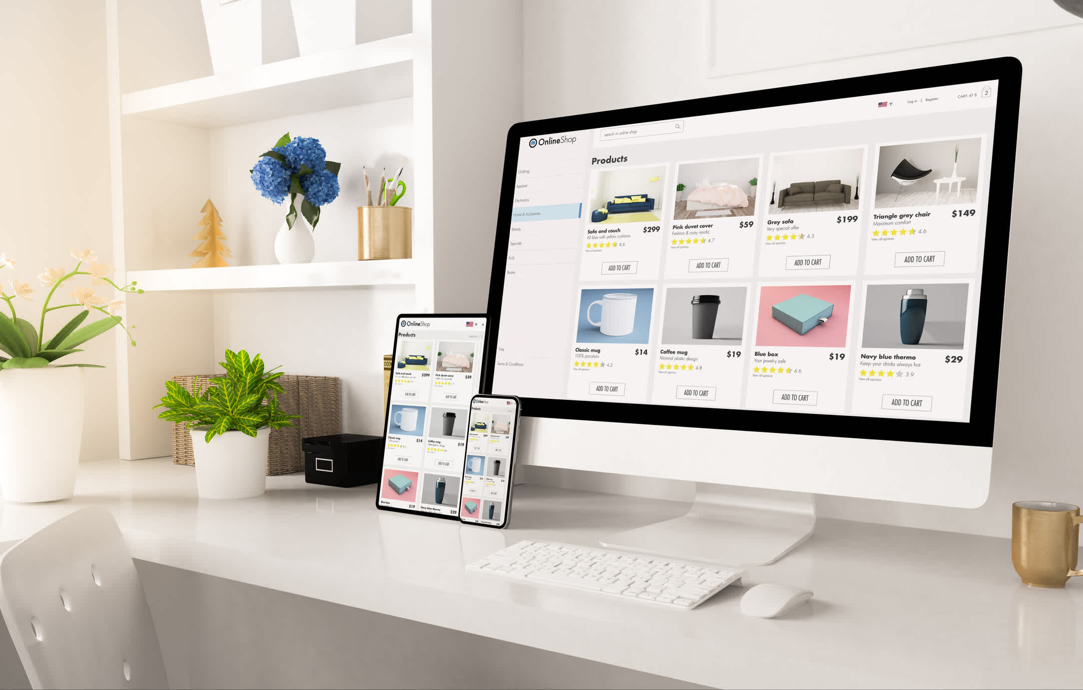 Online shop website on home office setup 3d rendering. | Watermark
