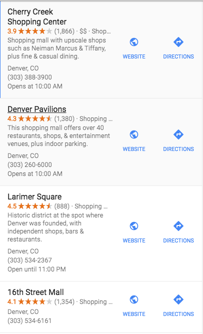 example of local google listings with ratings