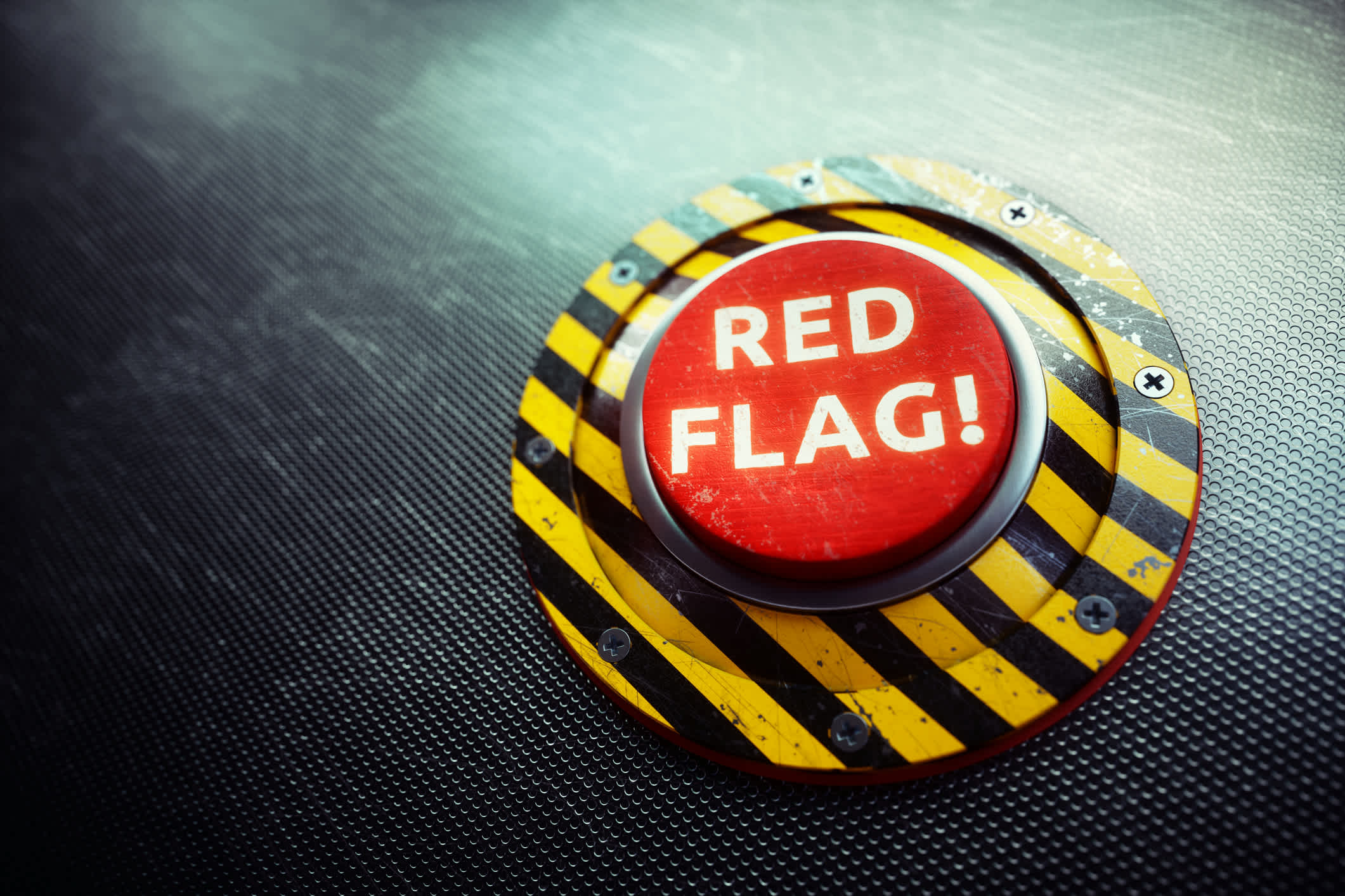A 3D render of a conceptual mechanism with a red button and the words "RED FLAG" written on it, placed on a dark industry grid— the "red flag" metaphor for warnings against hiring a creative digital marketing agency that won't work for you. | Watermark