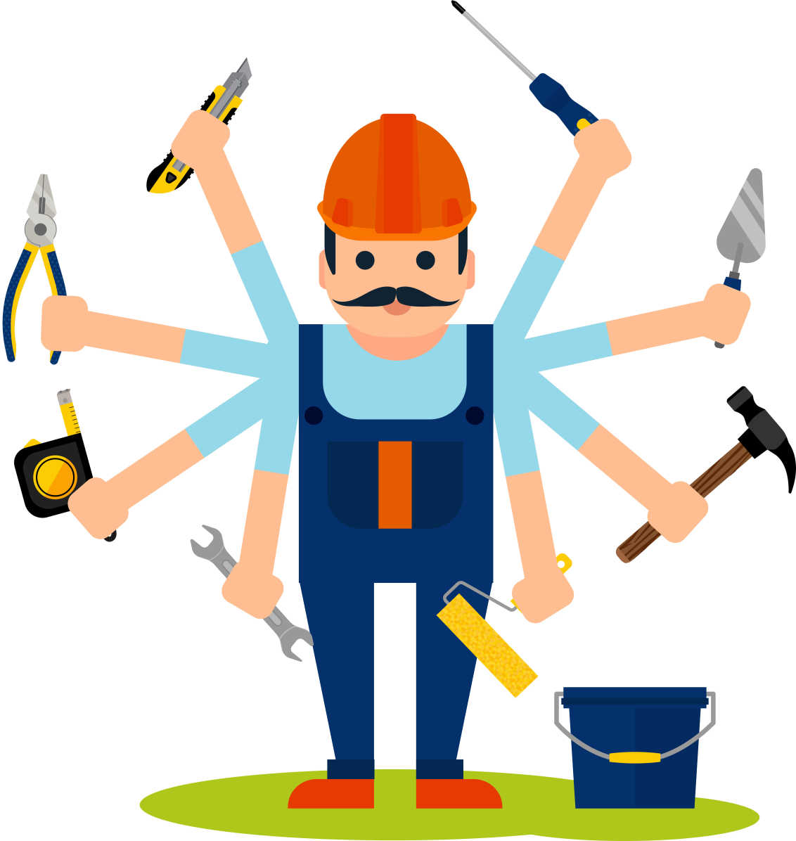 Illustration of a handy person with many different tools.