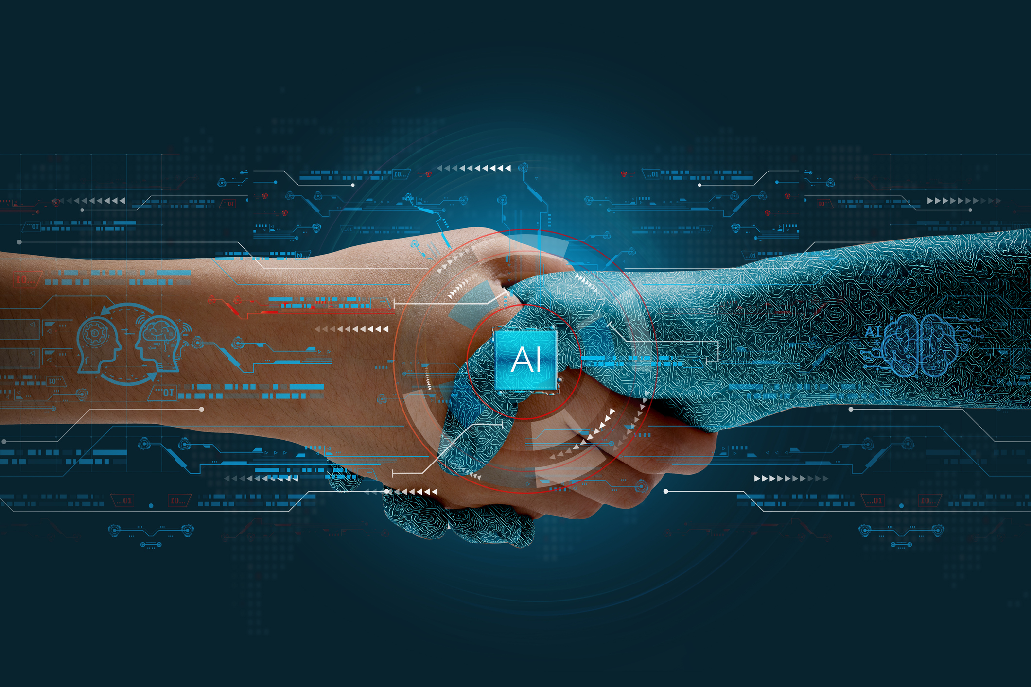 Humans shake hands with AI to show partnership. Machine learning enables and works together to achieve greater innovation and success. | Watermark