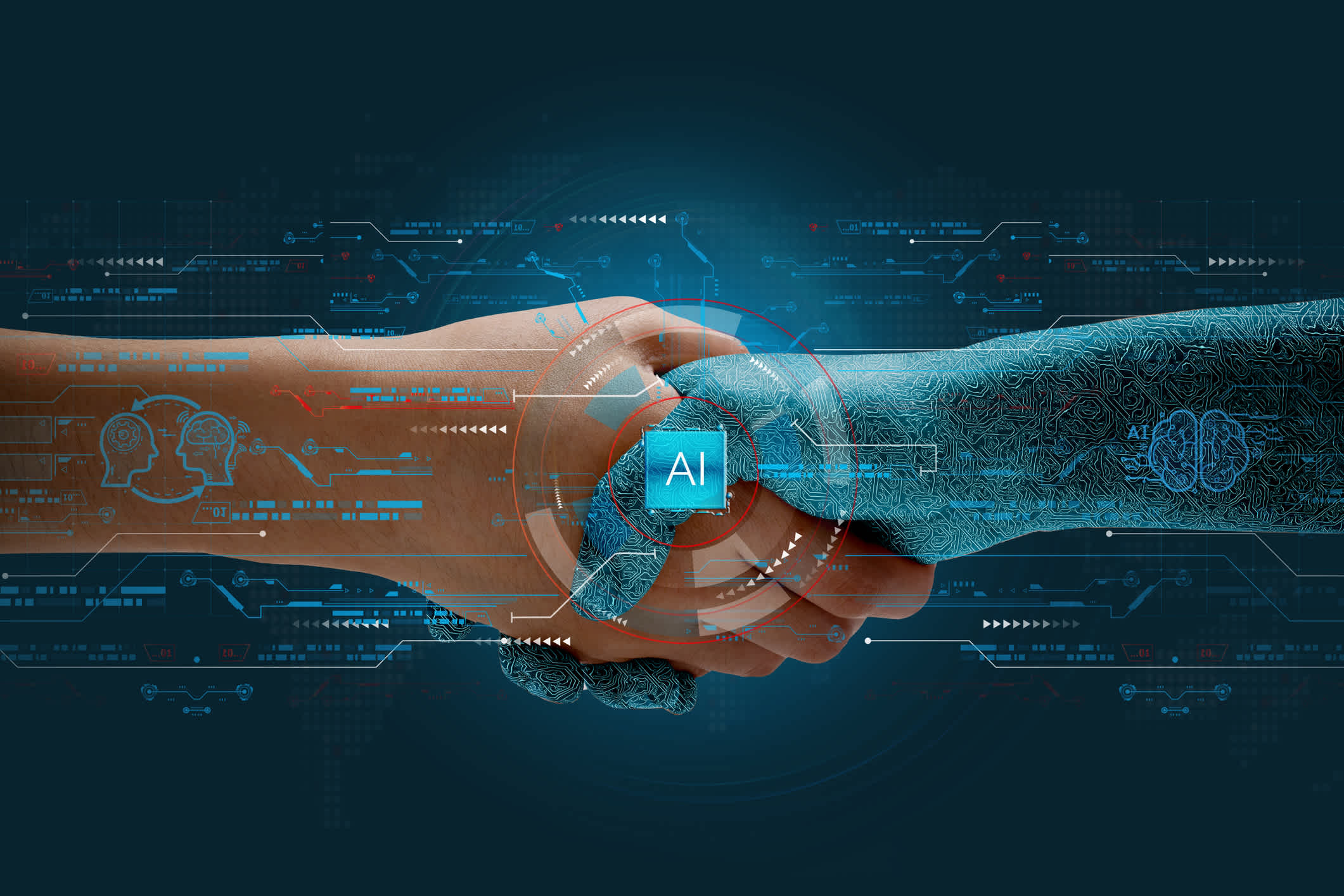 Humans shake hands with AI to show partnership. Machine learning enables and works together to achieve greater innovation and success. | Watermark