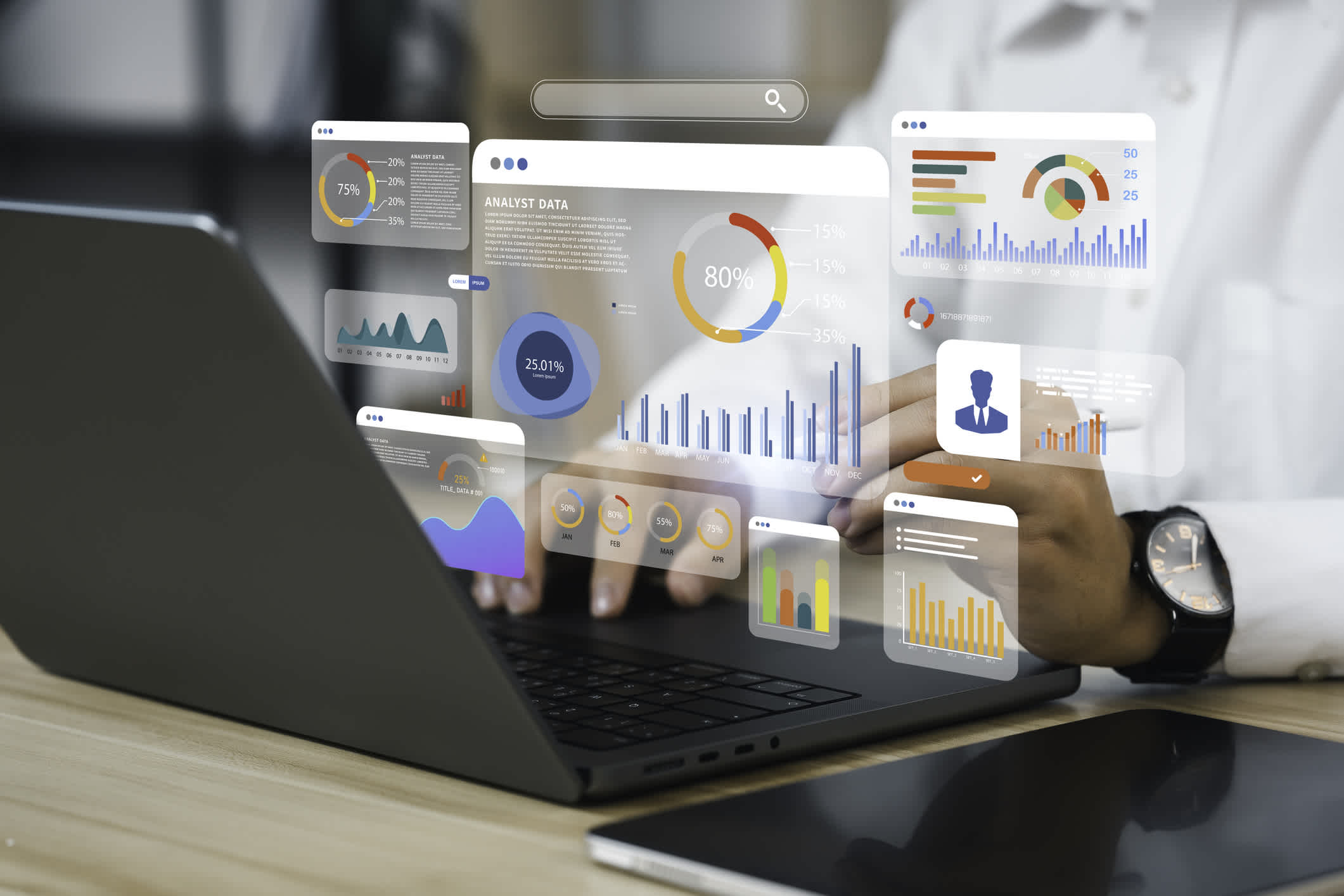 An analyst uses a computer and dashboard for data business analysis and a Data Management System with KPIs and metrics connected to the database for technology finance, operations, sales, and marketing. | Watermark