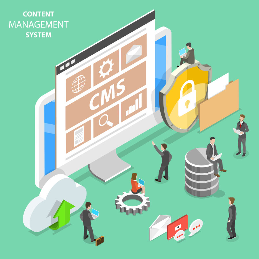 People standing around exploded view of a content management system