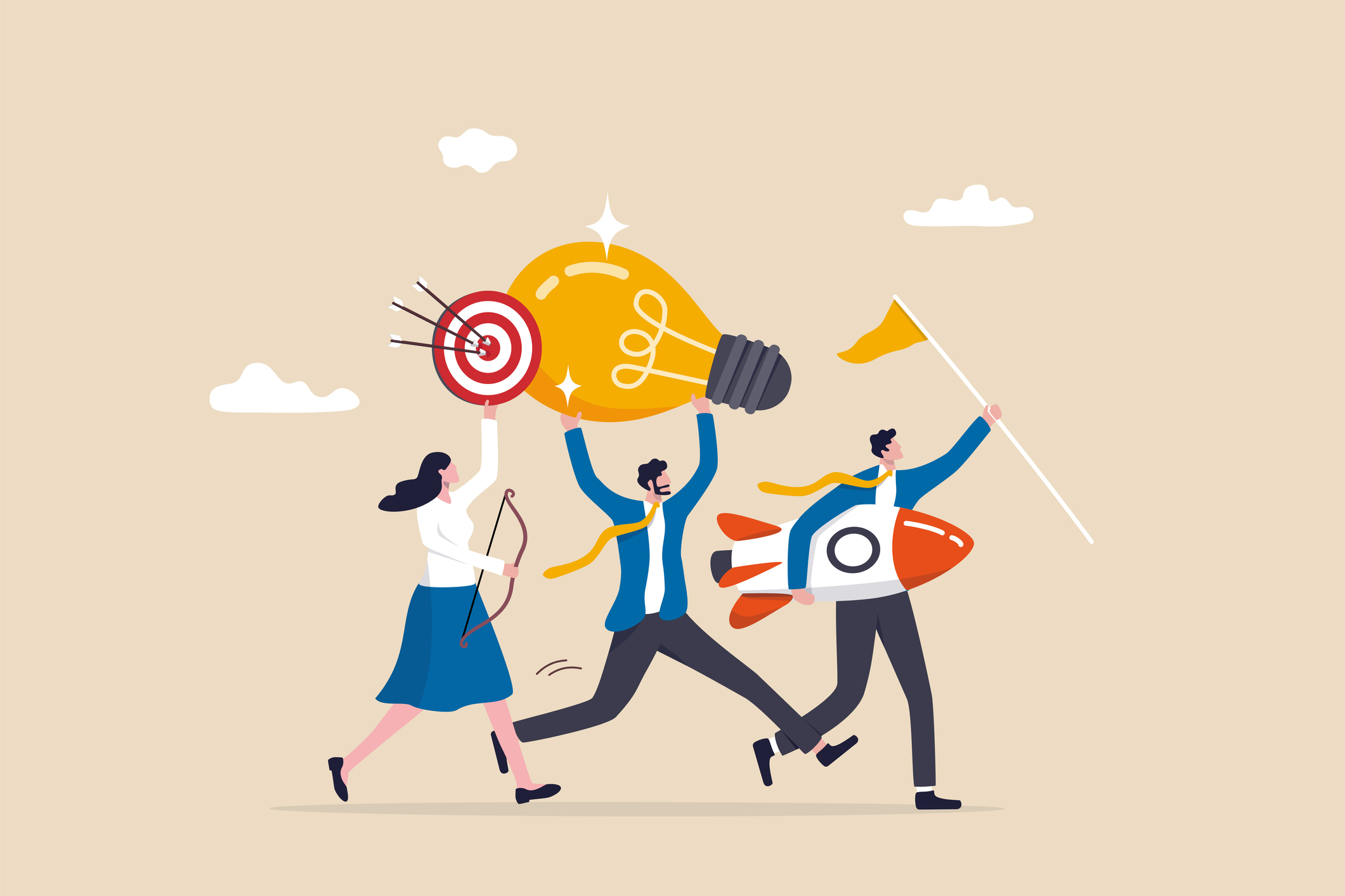 Illustration of three people holding a target, lightbulb, rocket, and flag to indicate that inbound lead generation tactics are a powerful marketing strategy. | Watermark