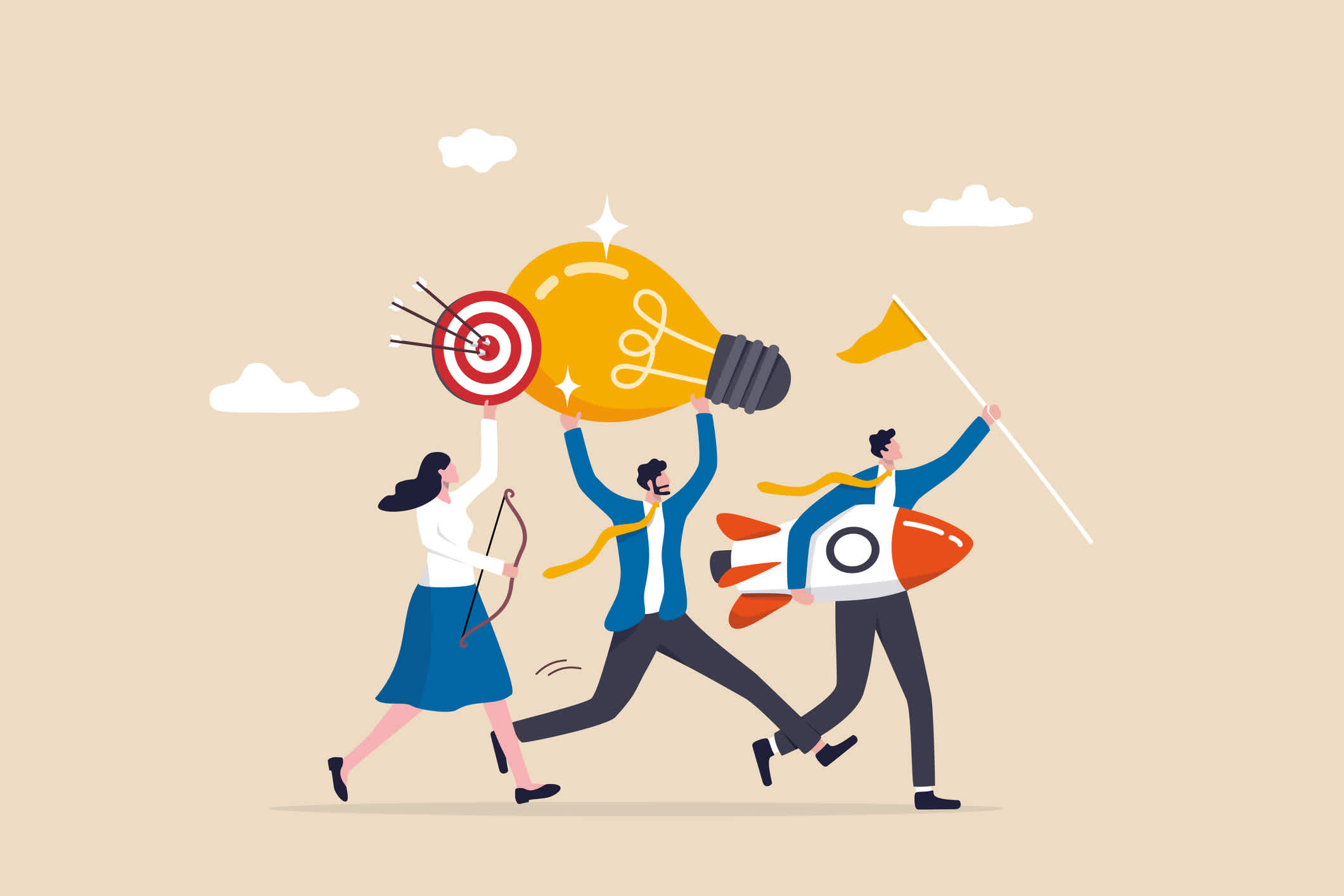 Illustration of three people holding a target, lightbulb, rocket, and flag to indicate that inbound lead generation tactics are a powerful marketing strategy. | Watermark
