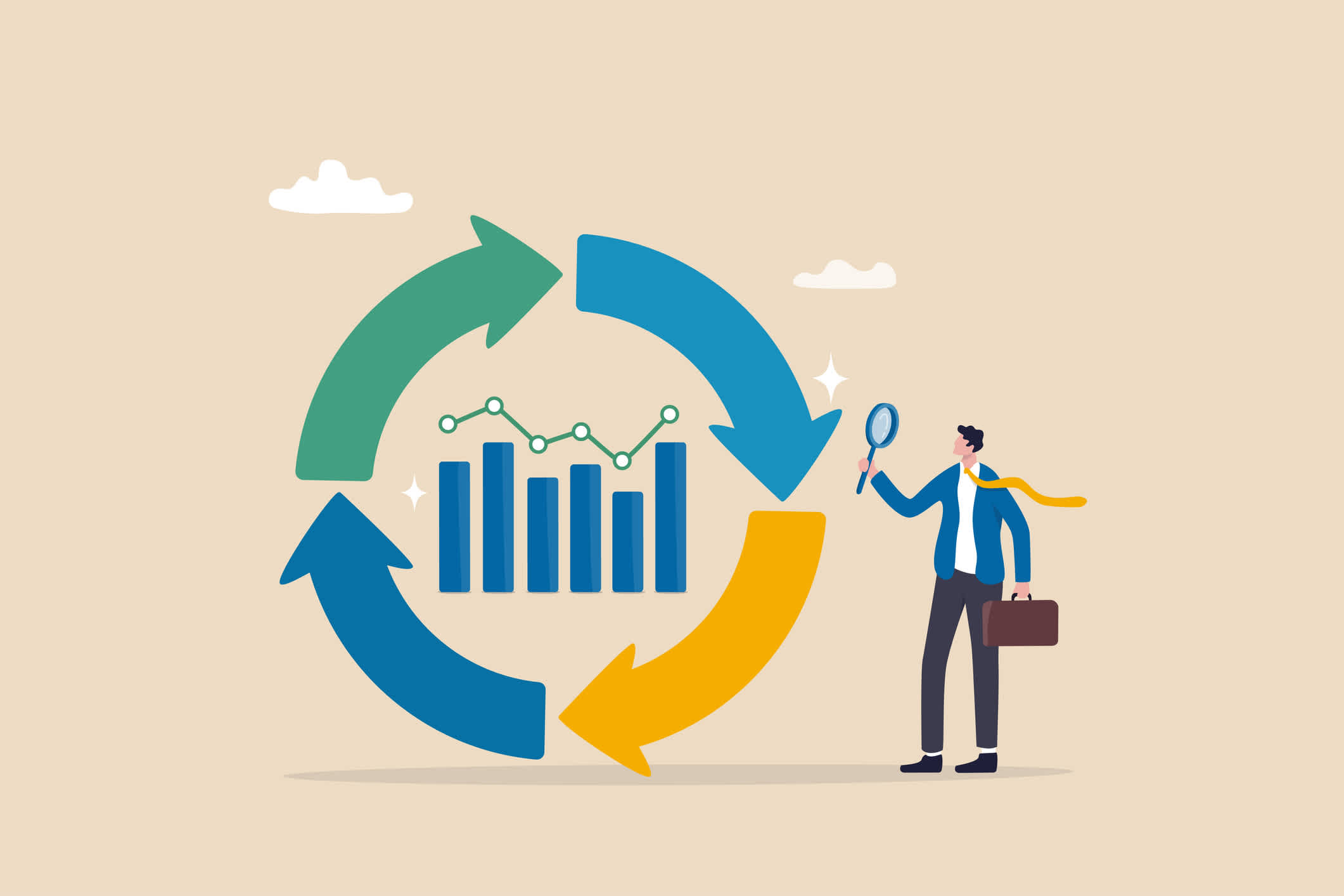 businessman with magnifier on economic cycle diagram. | Watermark