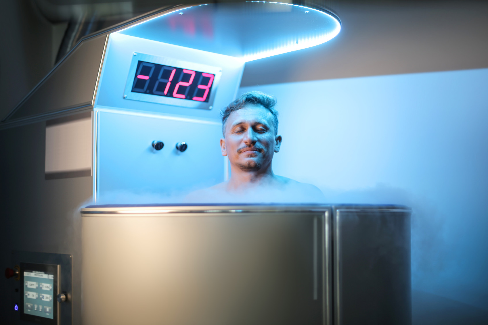 Man feeling regenerated in the cryotherapy machine