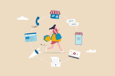 An illustration of a woman with shopping bags and the marketing channels that led to her purchase