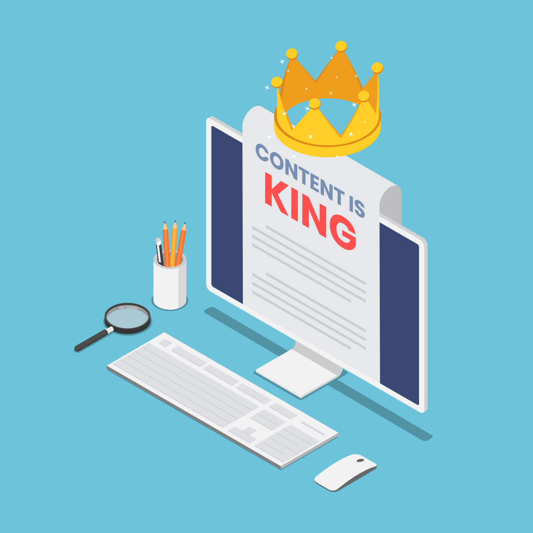 Flat 3d isometric pc monitor with content is king word on paper and crown. Content marketing concept for small businesses. | Watermark