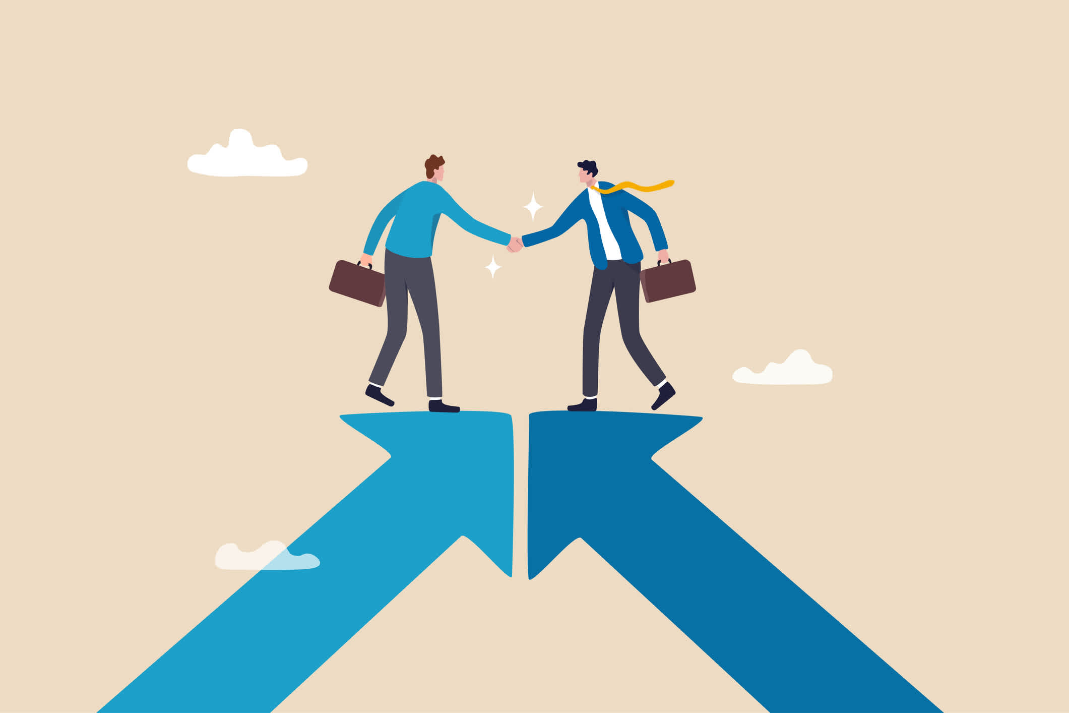 An illustration of two businessmen, each standing on an arrow, shaking hands