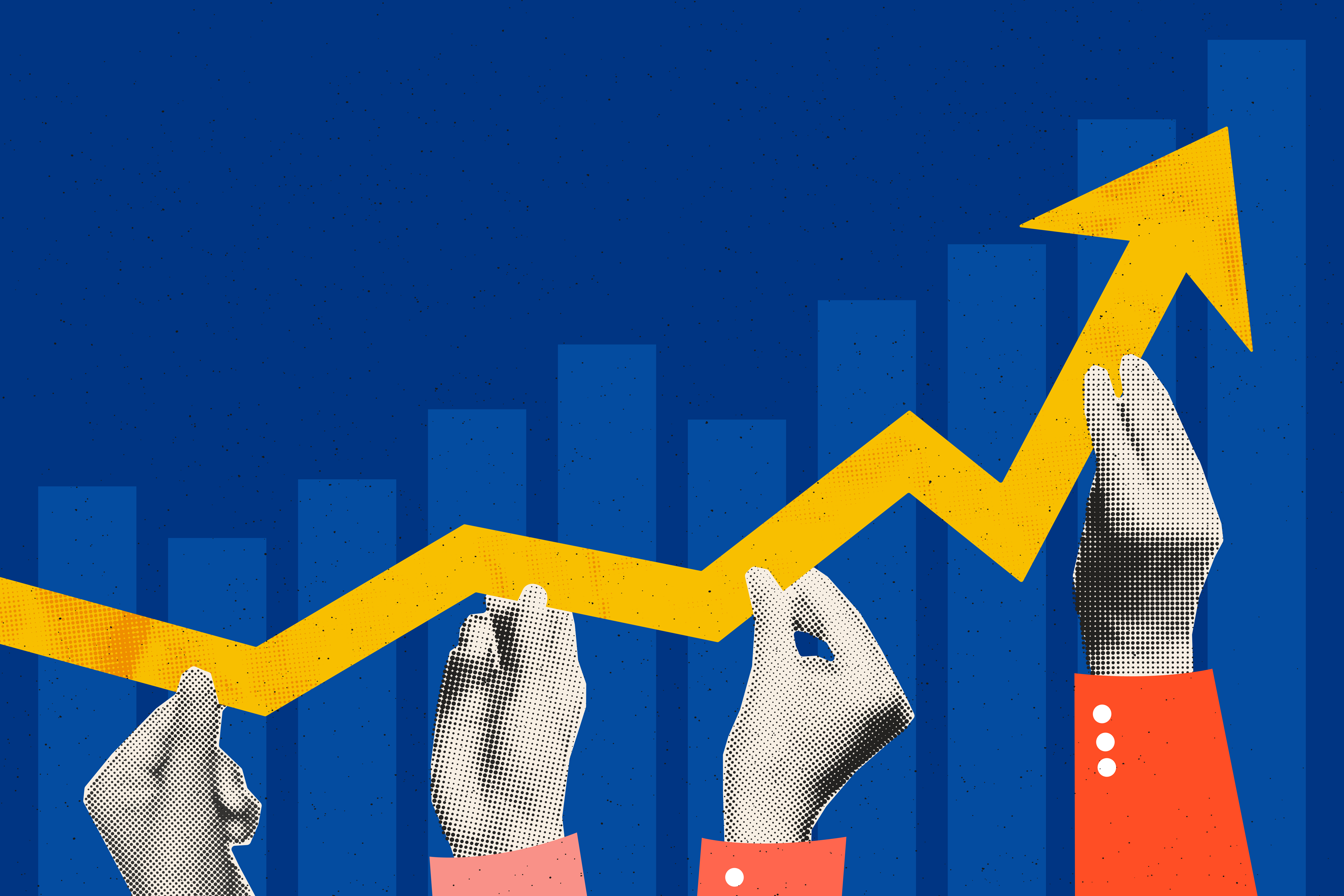 A chart showing growth over time through bar graphs and an arrow