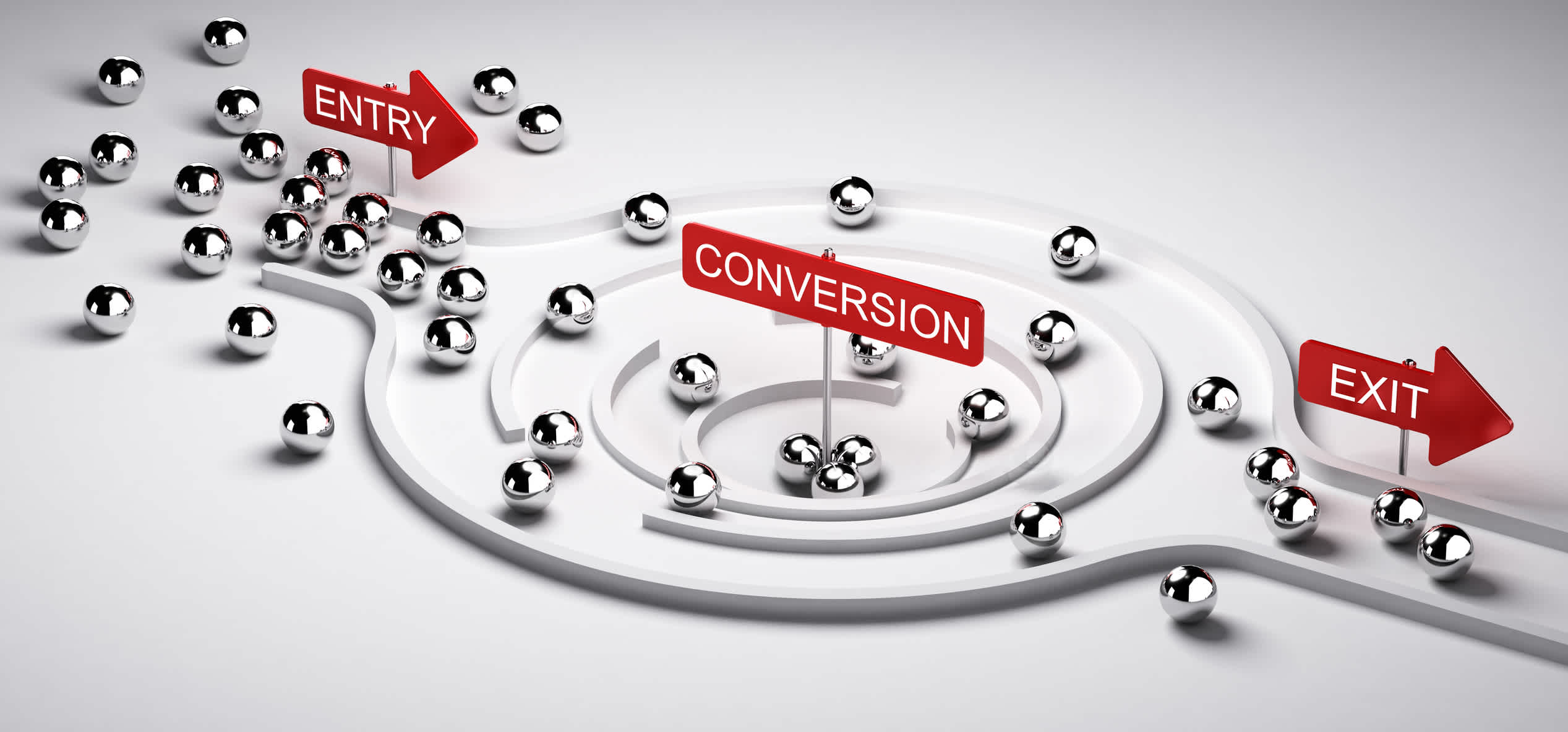 3D illustration of a conversion funnel with entry and exit | Watermark