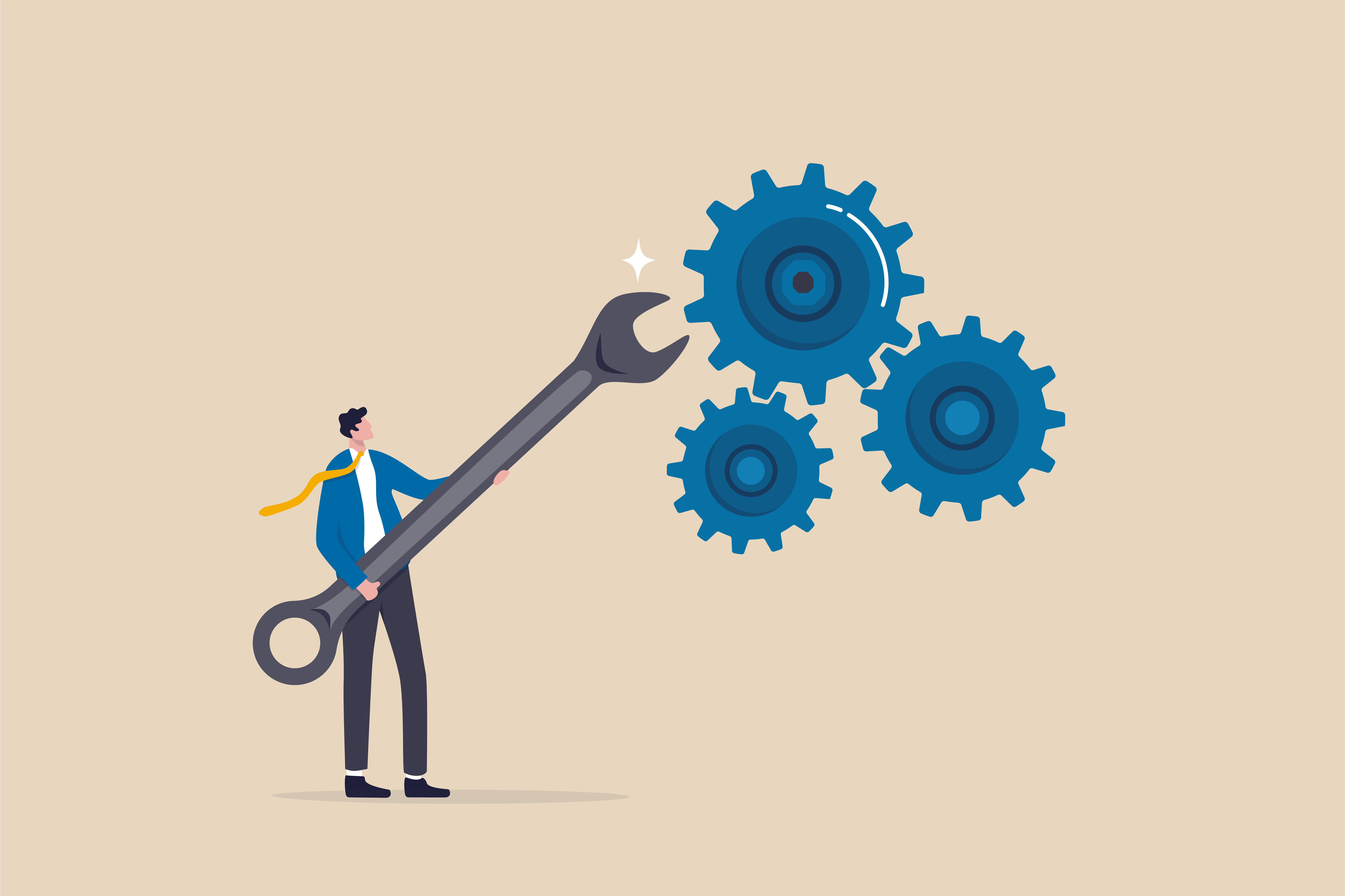 Illustration of business person controlling gears in sales enablement process.