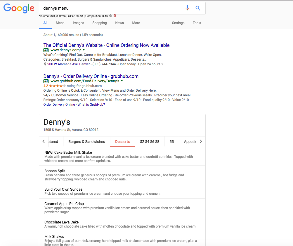 local listing rich snippet for denny's menu