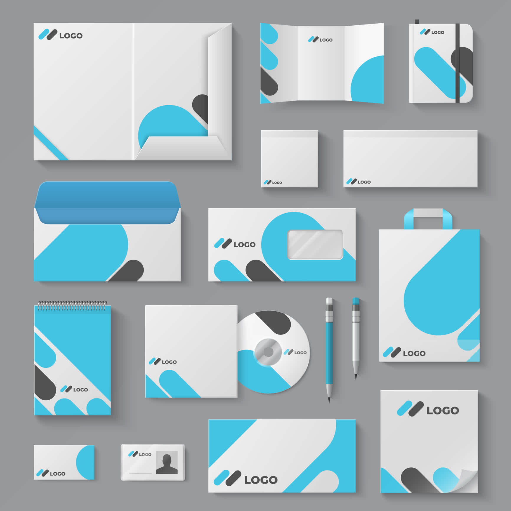 Corporate brand identity. Business stationery mockup branding envelope card mug document presentation. Corporation 3D vector logo template set. | Watermark