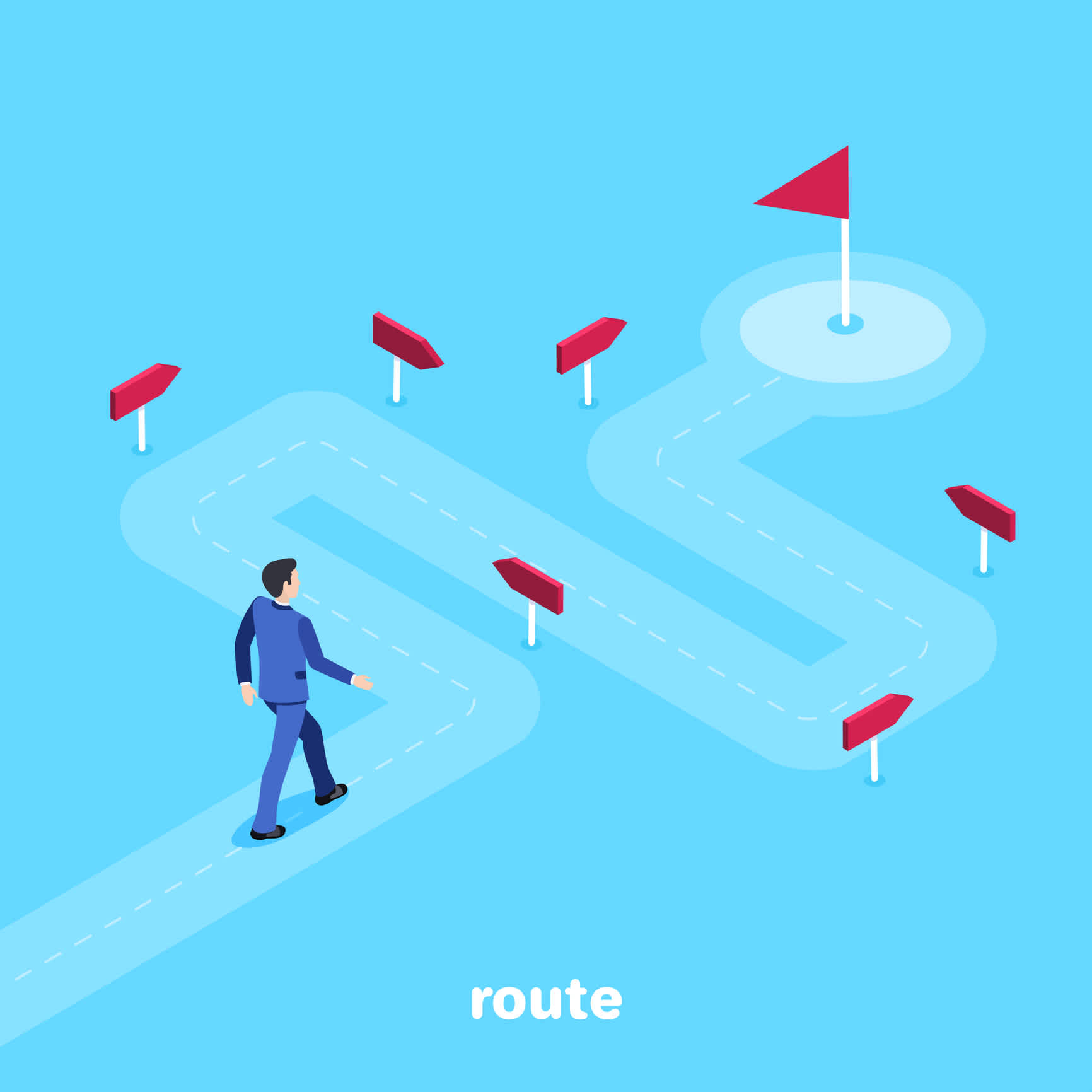 An illustration of a businessman walking down a path with signs and arrows pointing him to a flag representing a b2b buyers journey led by content