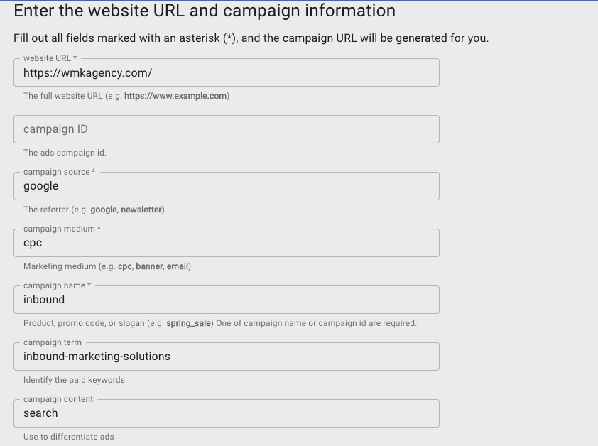 view of Google UTM builder