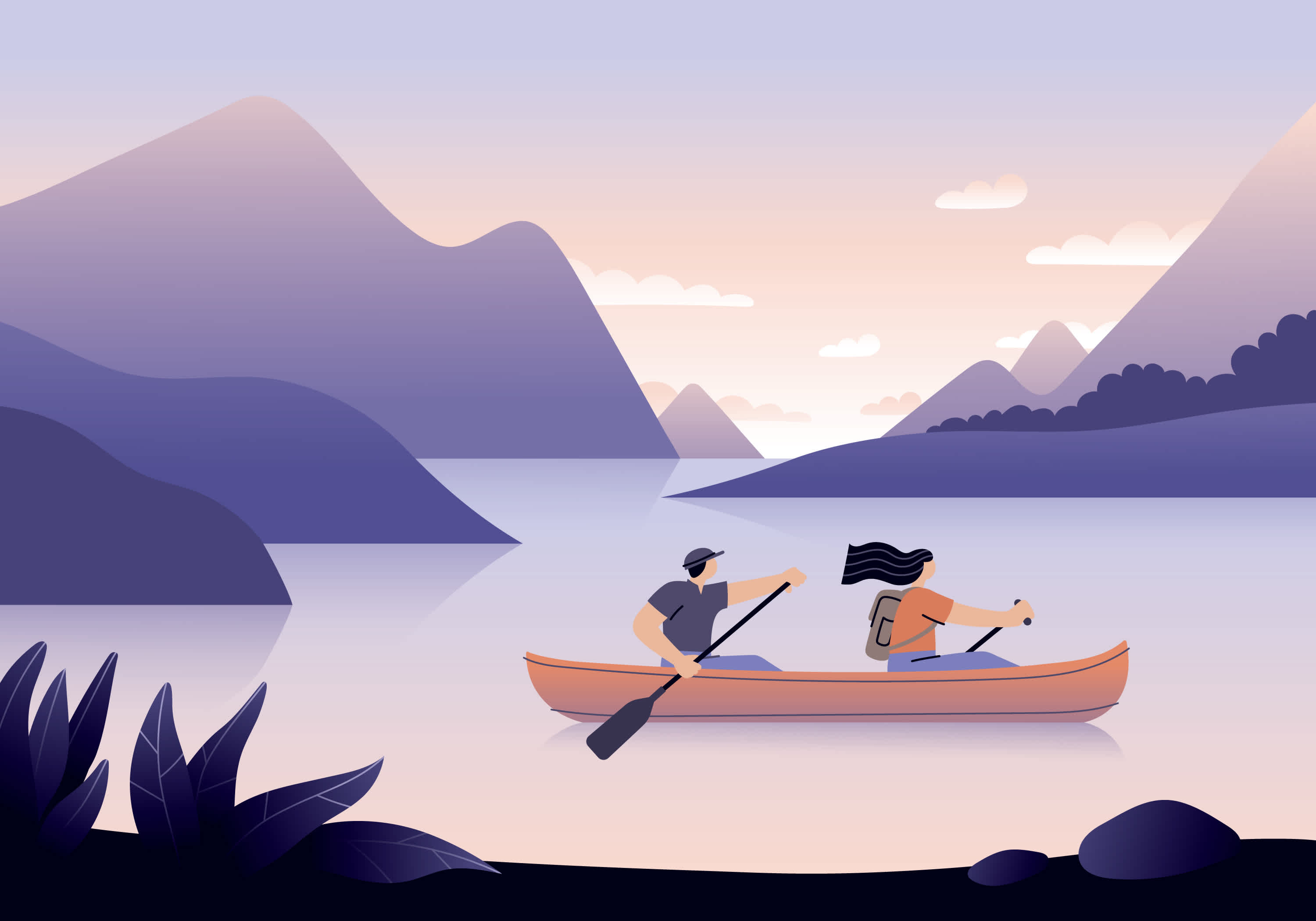 Image of two people rowing a canoe on a river.