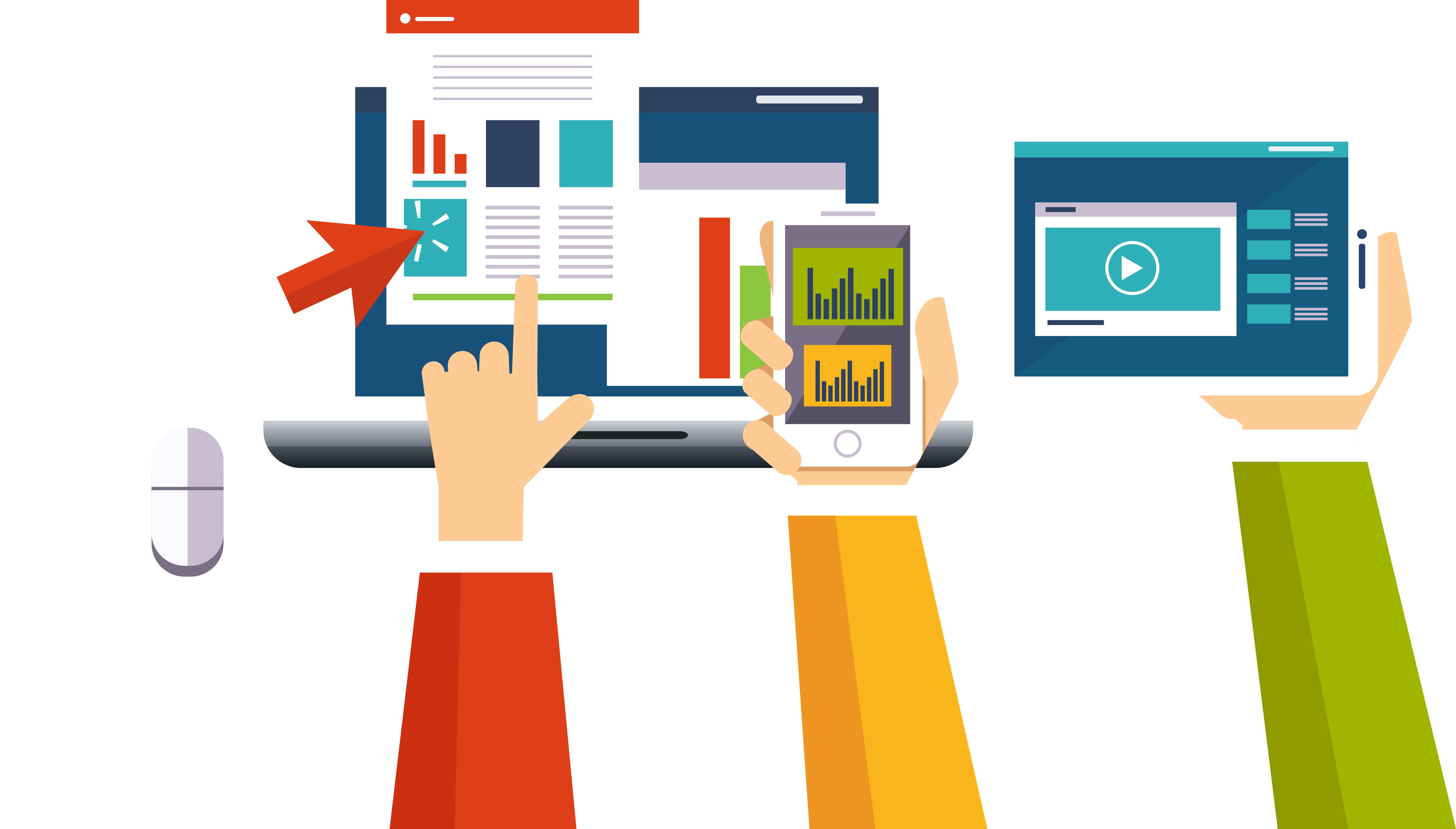 Illustration depicting three distinct hands interacting with a laptop, a smartphone, and a tablet. Each screen displays a different component of a digital strategy—including website data charts, mobile analytics, and video playback—representing a cohesive, multi-channel marketing and optimization system.
