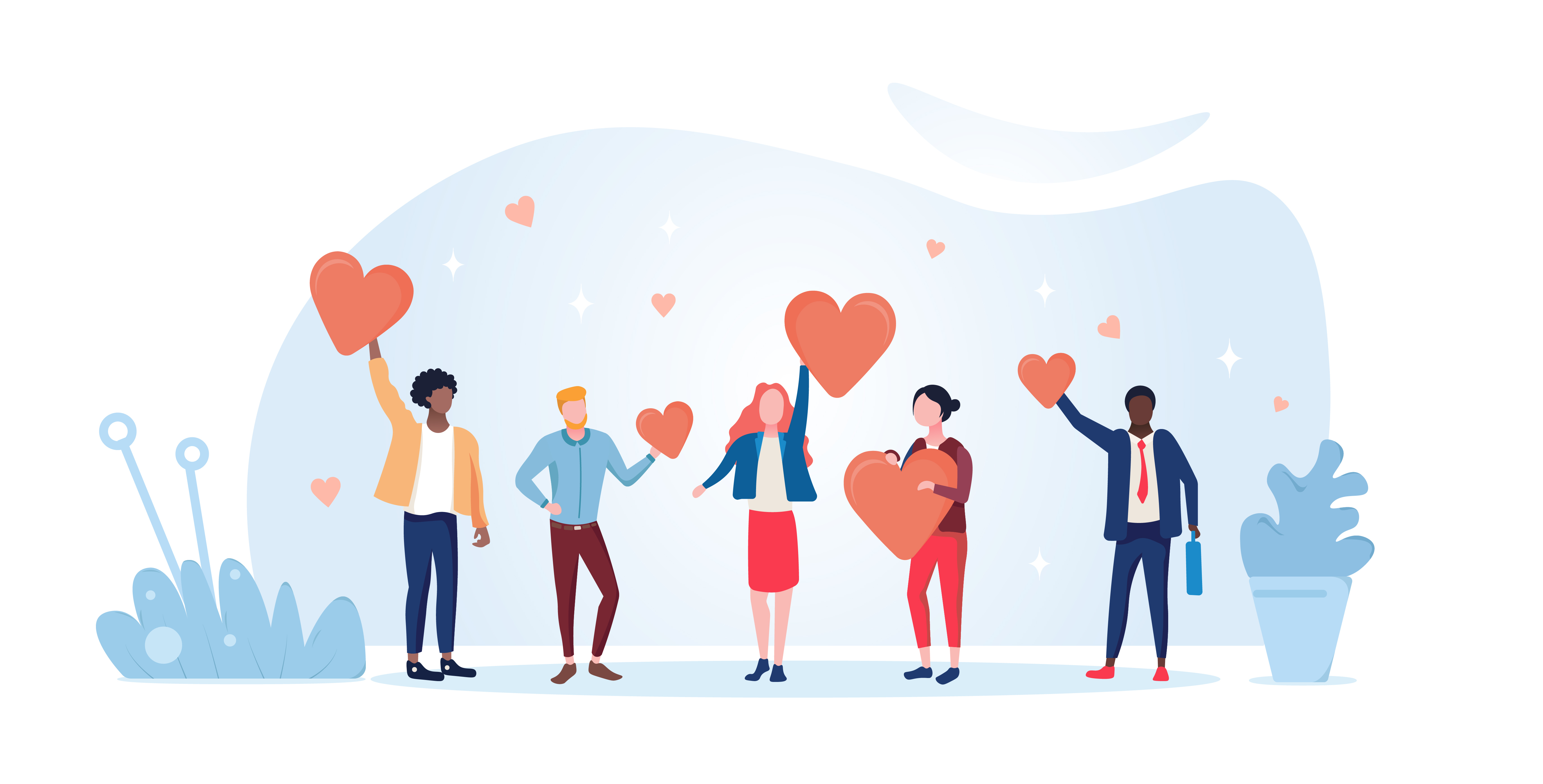 Illustrated image of a group holding hearts indicating nurture your email audience.

