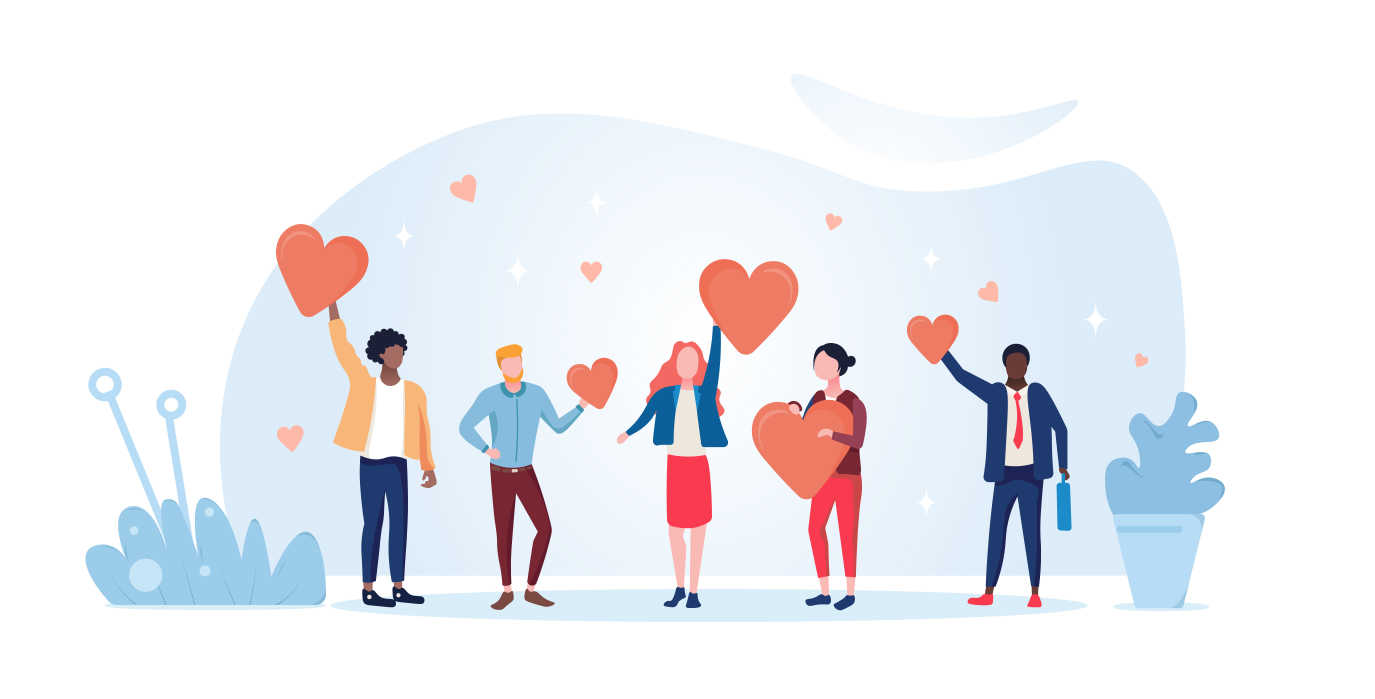 Illustrated image of a group holding hearts indicating nurture your email audience.

