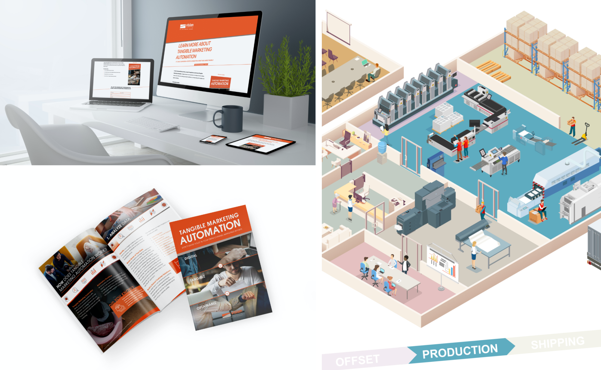 Vision - Collage of Projects including web pages, white paper, and the interactive isometric map graphic