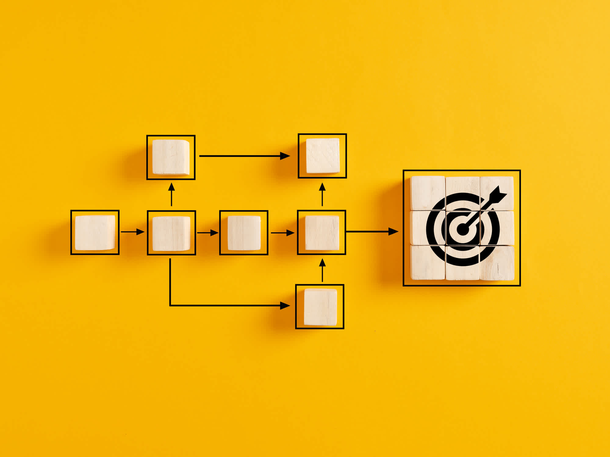 Business goal achievement, workflow, and process automation flowchart. Wooden cubes representing work process management and target icon on yellow background.| Watermark