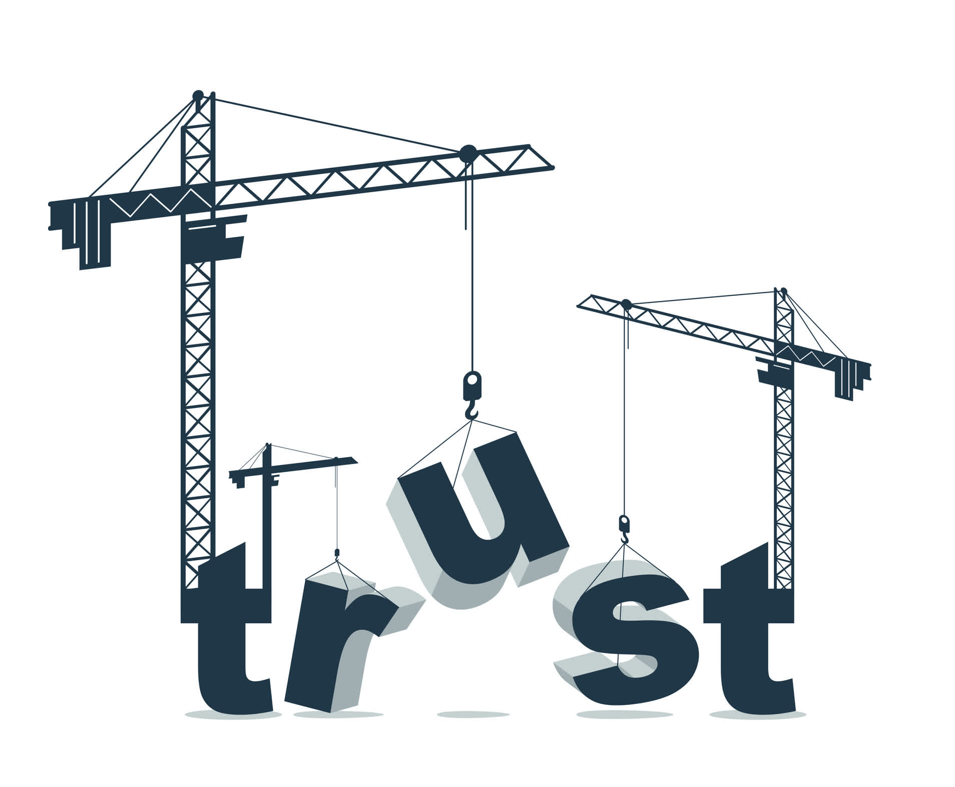 Construction cranes build Trust word vector concept design, conceptual illustration with lettering allegory in progress development, stylish metaphor of business or relations.| Watermark