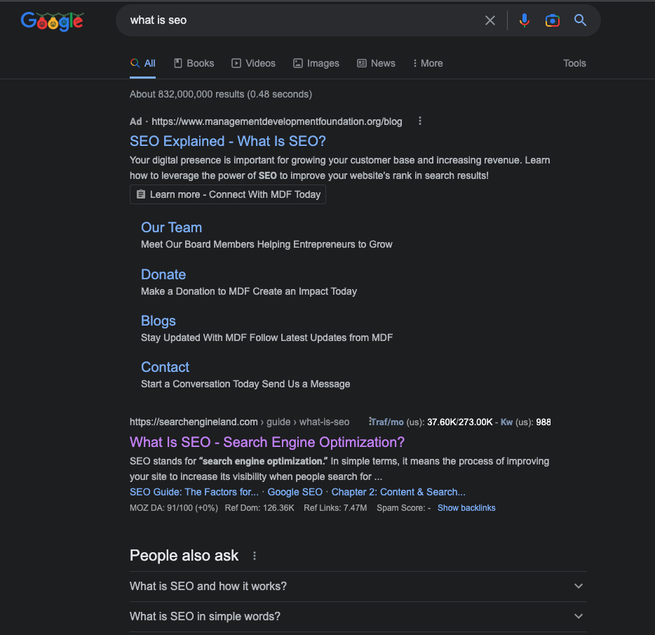 Google search results for what is SEO