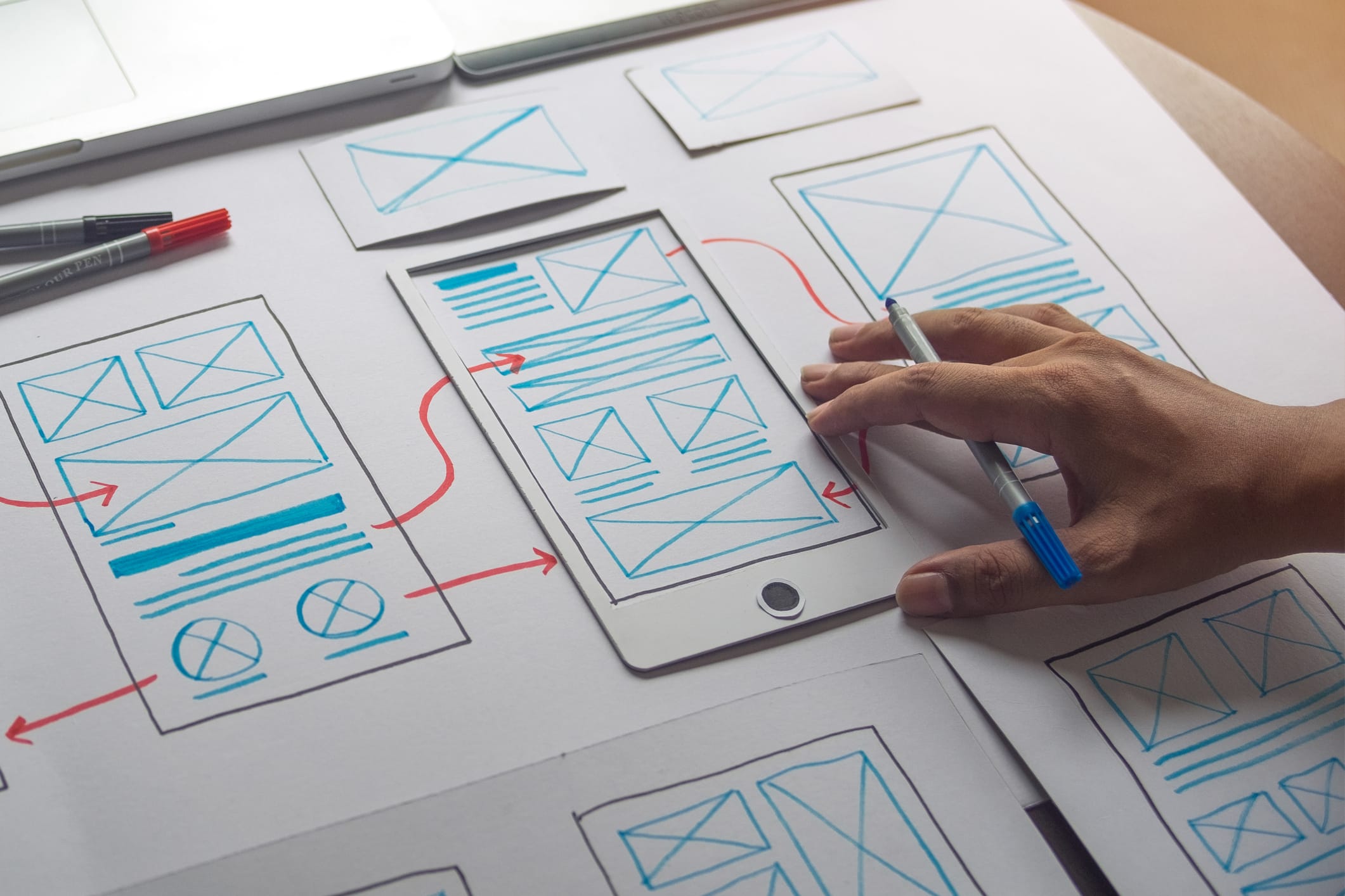 ux Graphic designer creative sketch planning application process development prototype wireframe for web mobile phone