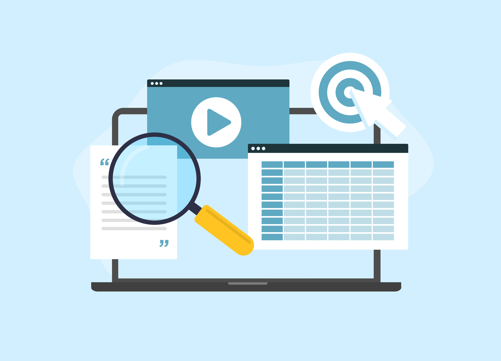  SEO focused text and video content. Grow traffic, convert leads with search marketing tools. Vector illustration isolated on white background with icons. | Watermark