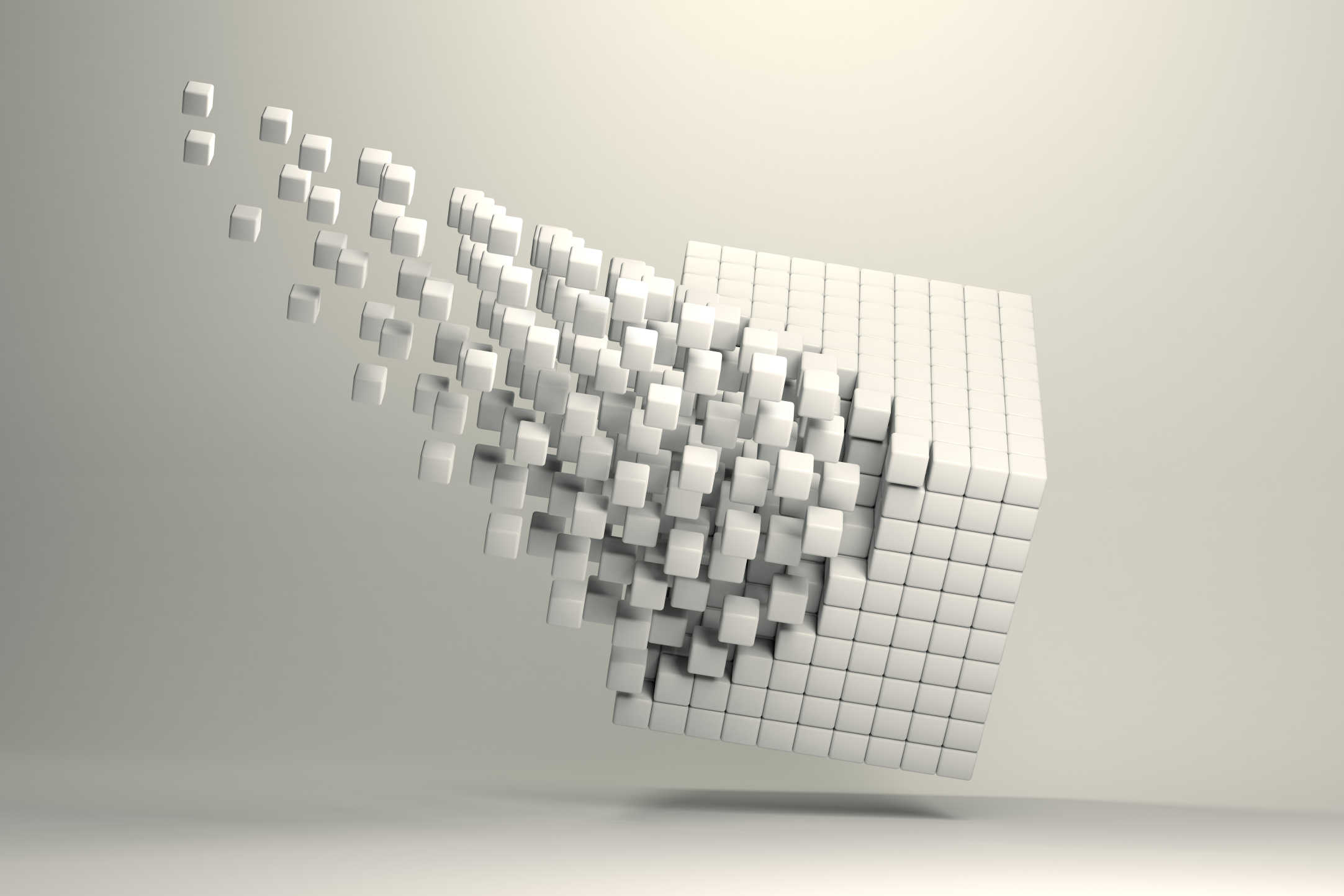 A 3-D cube breaking into smaller cubes to represent a unified data strategy