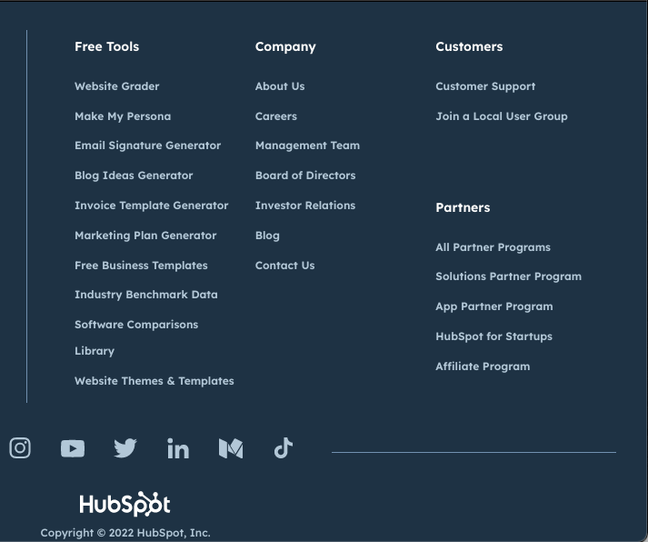 Example screenshot from a portion of Hubspot.com's user sitmap to show what a User sitemap looks like.