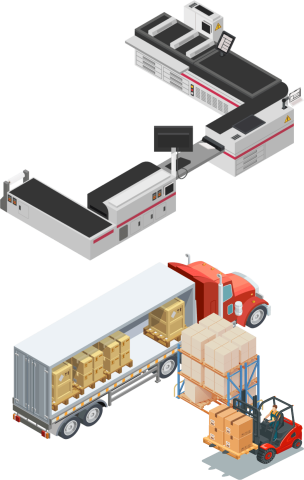 digital art - industrial printer above shipping truck and forklift