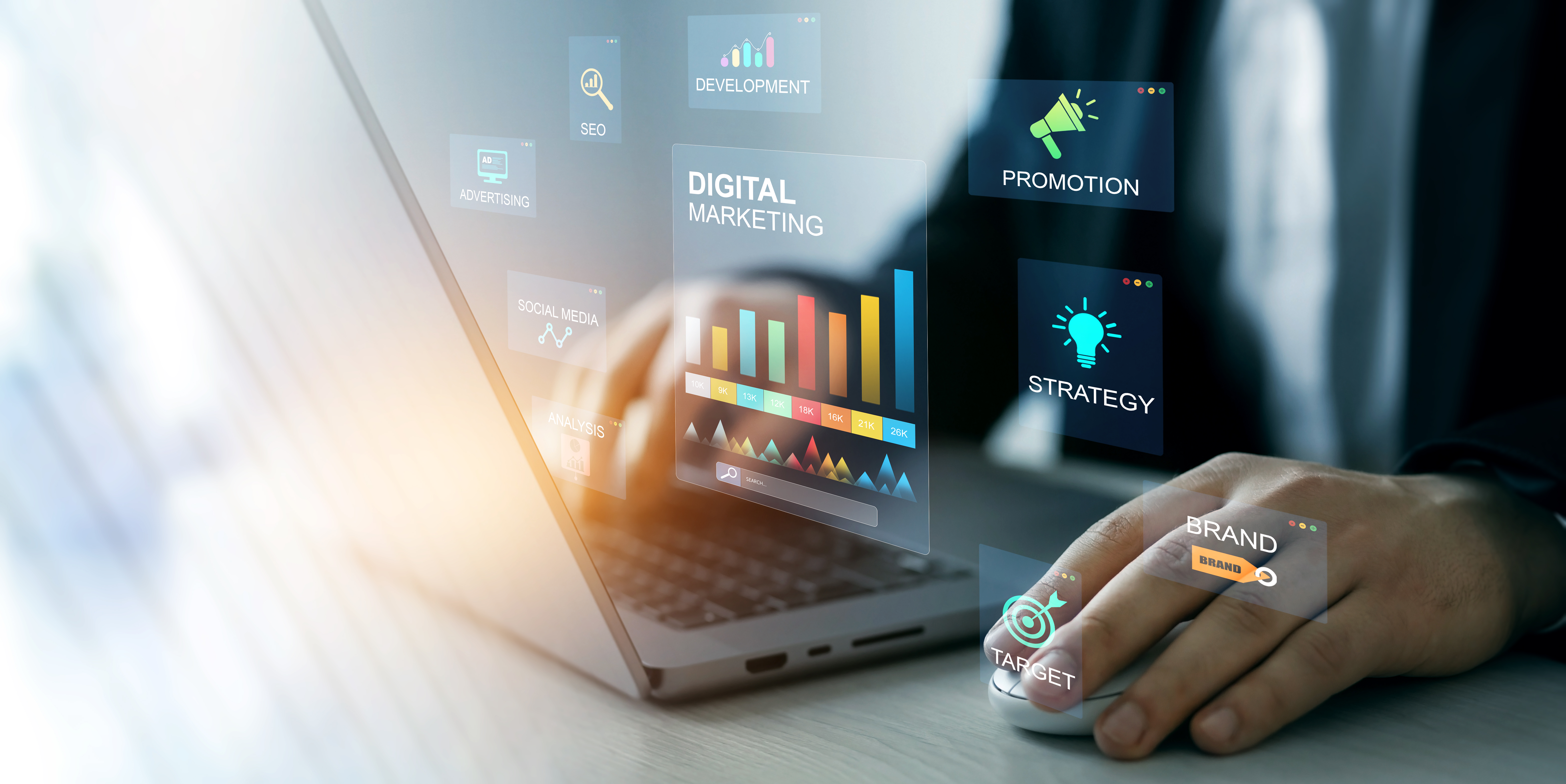 Business professional using a laptop with holographic analytics and marketing icons representing omnichannel strategy. Visual elements show digital marketing components like SEO, promotion, branding, and performance tracking—ideal for illustrating how design and construction firms can connect touchpoints across channels like Google Ads, websites, email, and direct mail.