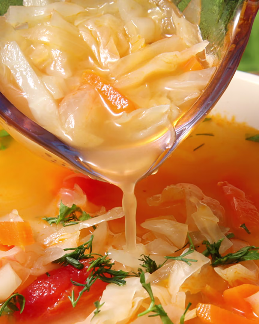 Hände halten einen Teller mit grüner Kohlsuppe